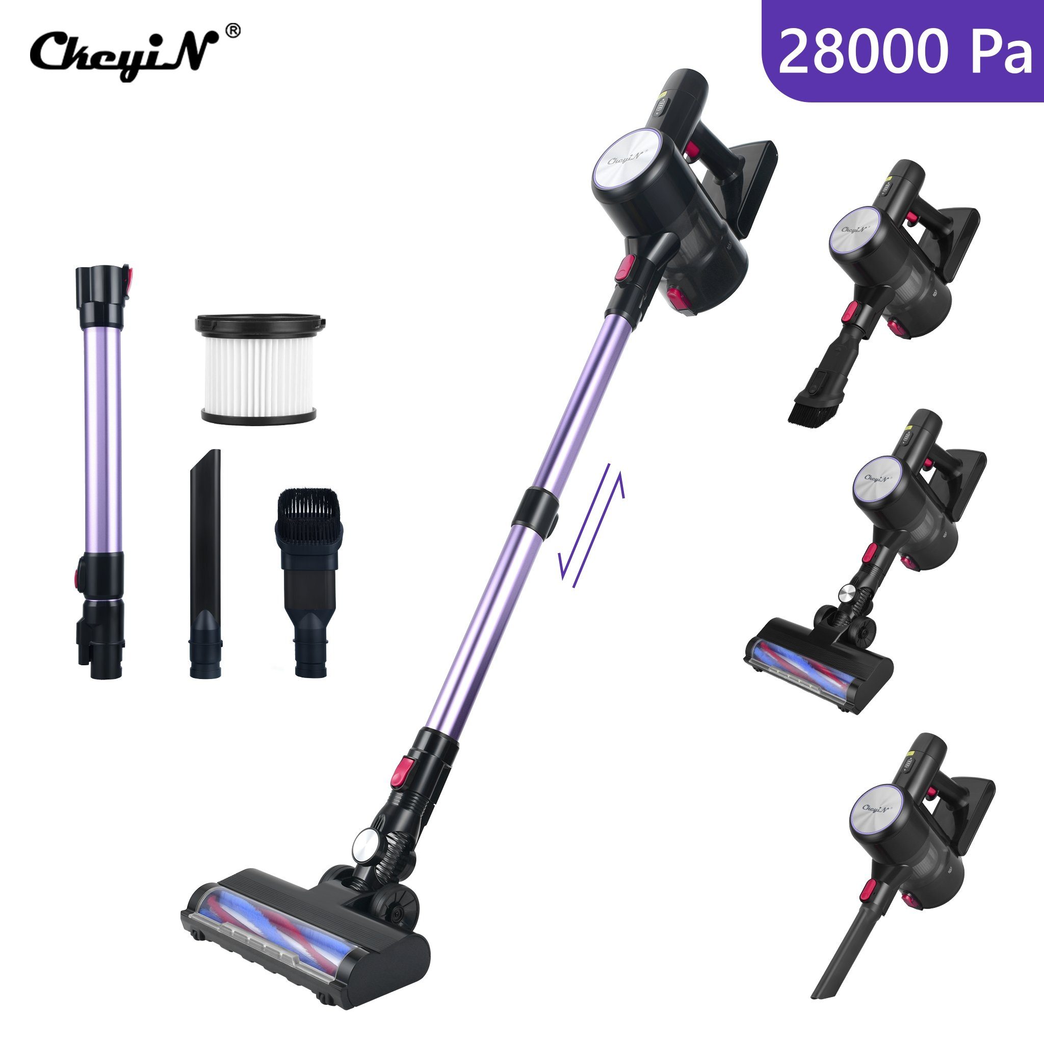 CkeyiN Akku-Hand-und Stielstaubsauger 28kPa Saugleistung, Kabelloser, leistungsstarker Staubsauger, 250,00 W, LED-Beleuchtung, 4-Schicht-Filtersystem