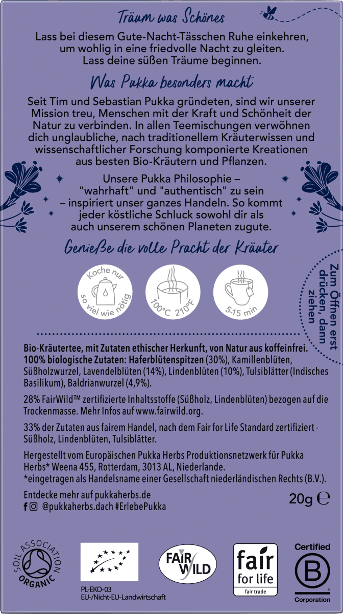 Kräutertee \Night Time\ mit Haferblütenspitze, Lavendel, Lindenblüte (20 Beutel), 20 g