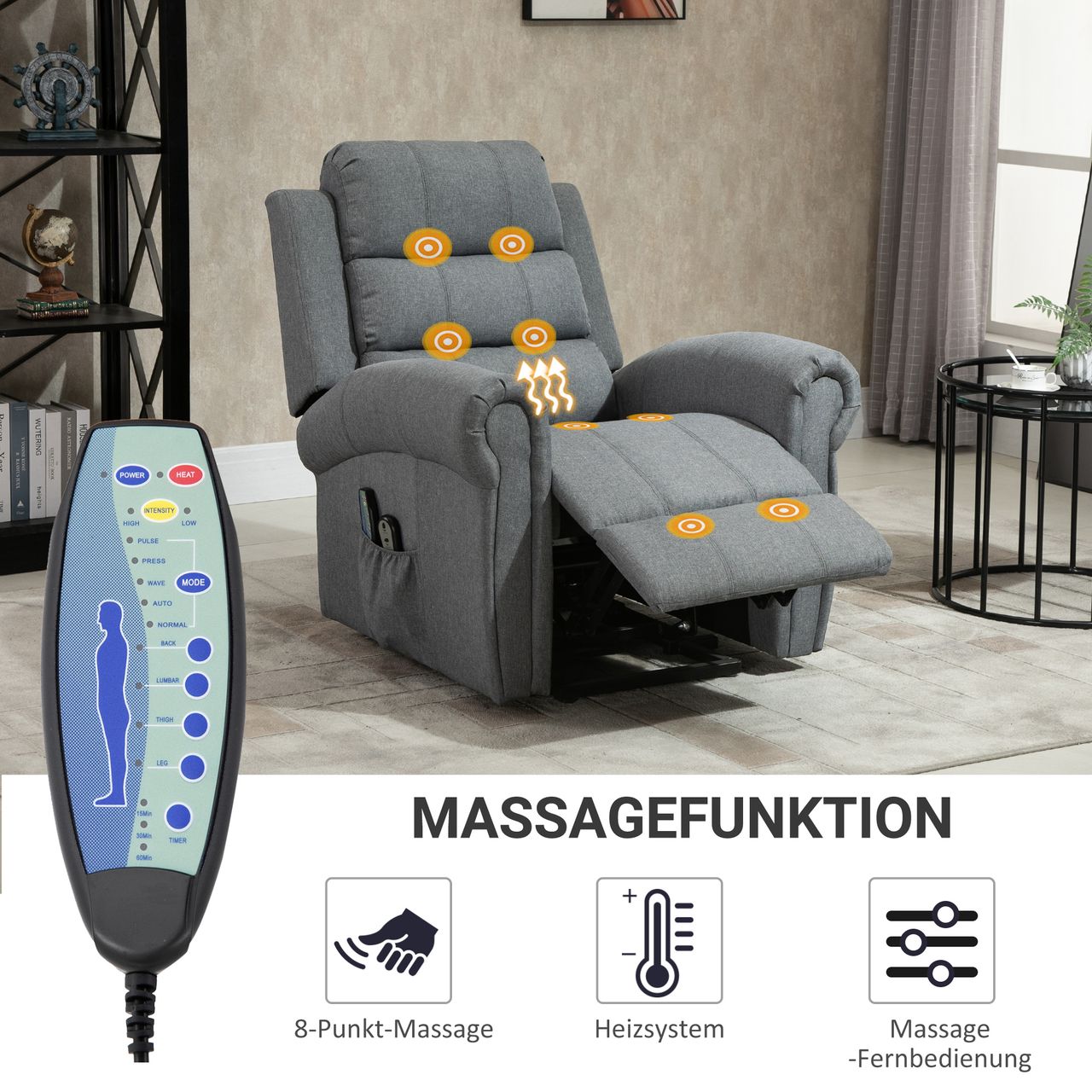 HOMCOM Massagesessel Massagestuhl Aufstehfunktion Wärmefunktion Leinen