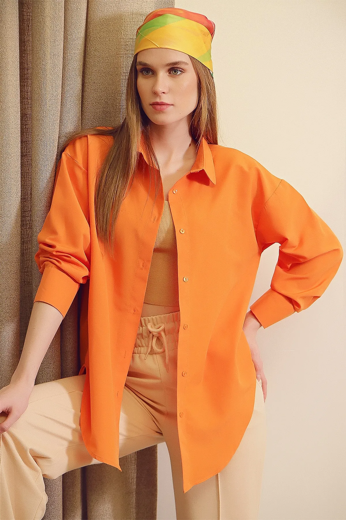 Trend Alaçatı Stili  Orangefarbenes, langes, gewebtes Oversize-Hemd für Damen ALC-X6828