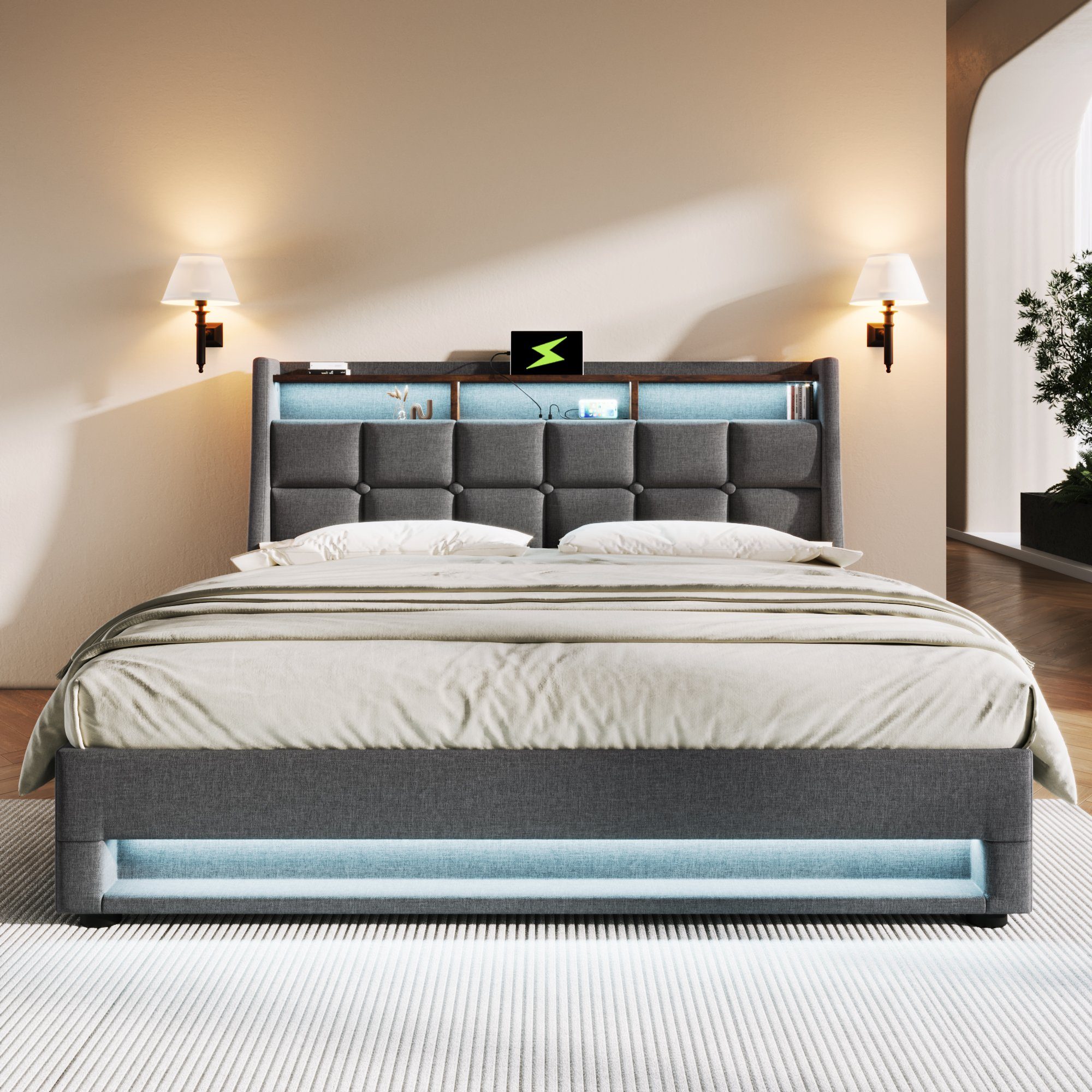 OKWISH Polsterbett Bett (LED Doppelbett Jugendbett mit USB/Typ-C Ladeanschluss), 160 x 200 cm Inklusive Matratze