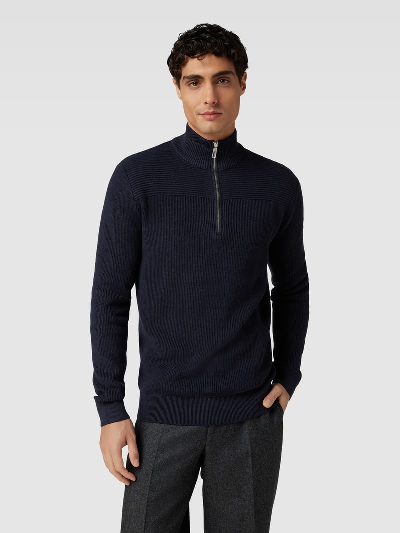 Strickpullover mit kurzem Reißverschluss in marineblau meliert