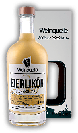 Weinquelle Eierlikör Cheesecake 0,5 Liter Weinquelle Eierlikör Cheesecake 0,5 Liter Hergestellt aus ausgesuchten Zutaten mit cremiger Textur. Ideal zum Nachtisch. 0,5	 Liter - Vol 20%