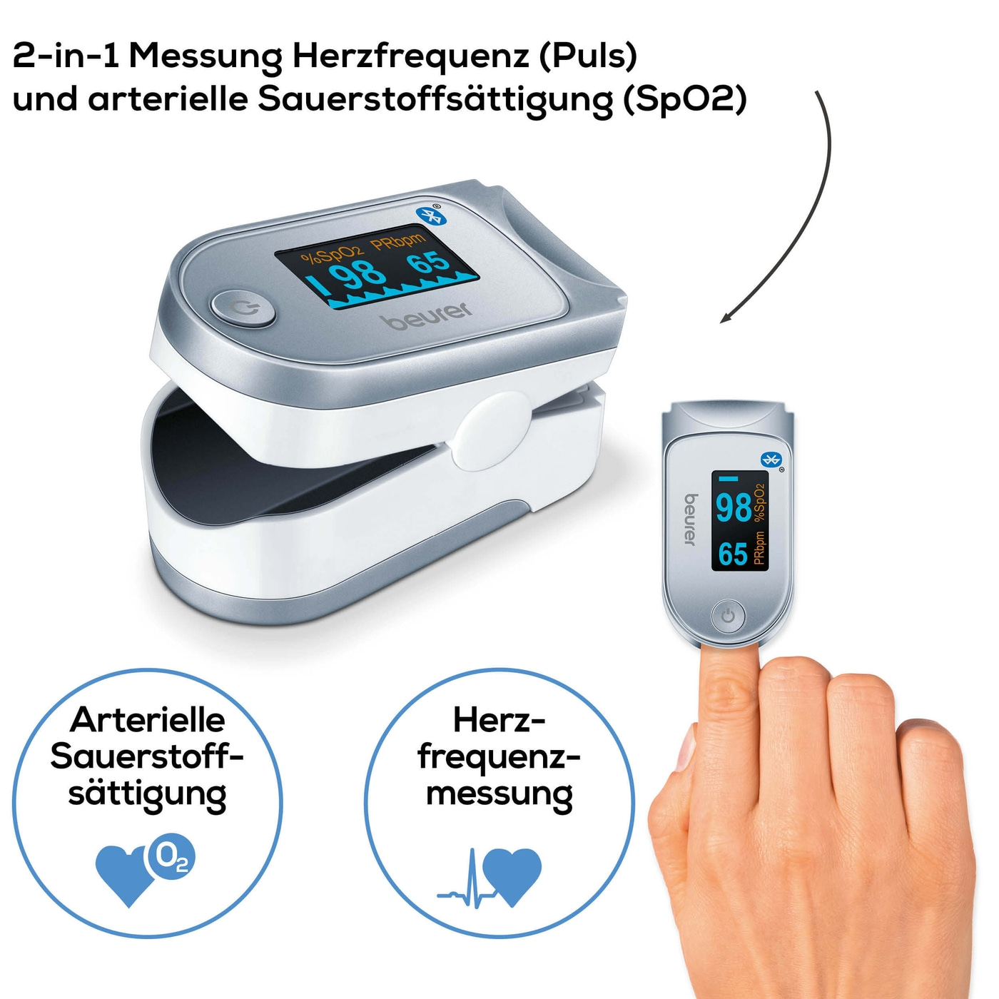 Beurer Pulsoximeter PO 60 <i>Bluetooth</i>®-Pulsoximeter zur Messung der Sauerstoffsättigung & Herzfrequenz mit App-Anbindung