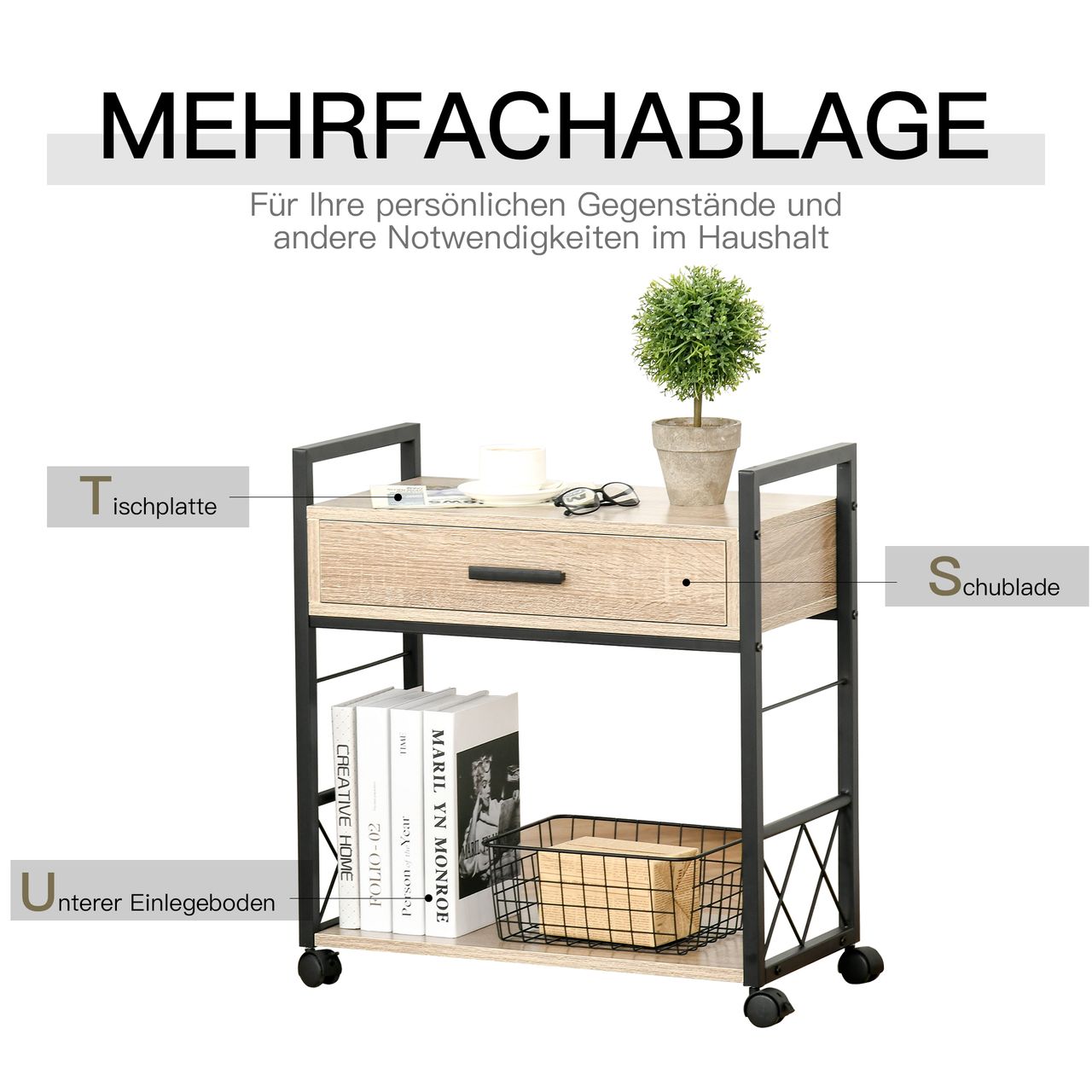 HOMCOM Beistelltisch Servierwagen mit Schublade Ablage Küchenwagen Sideboard
