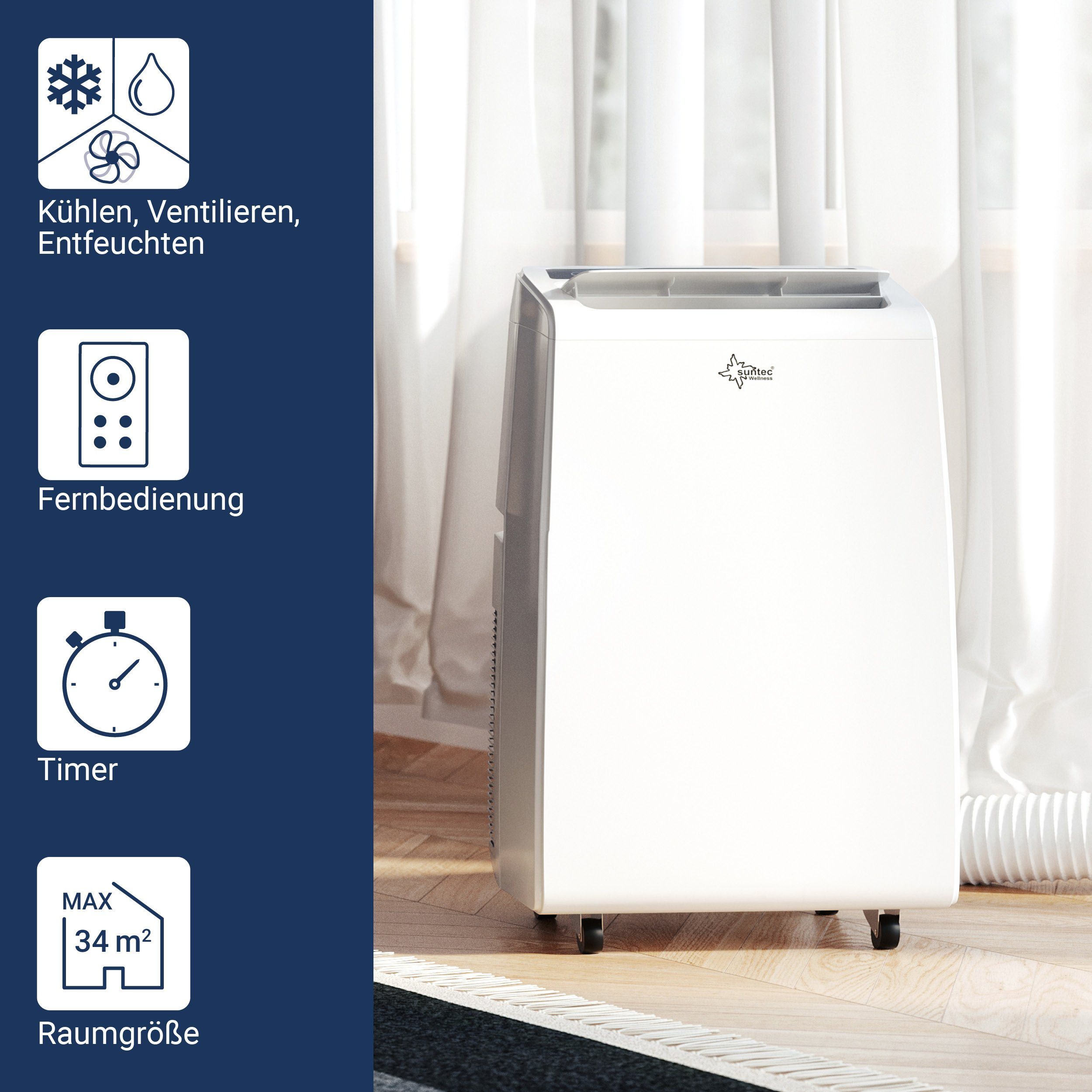 Suntec Wellness 3-in-1-Klimagerät Advance 9.0 Eco R290, Mobile Klimaanlage für Räume bis 80 m³, Kühler & Entfeuchter