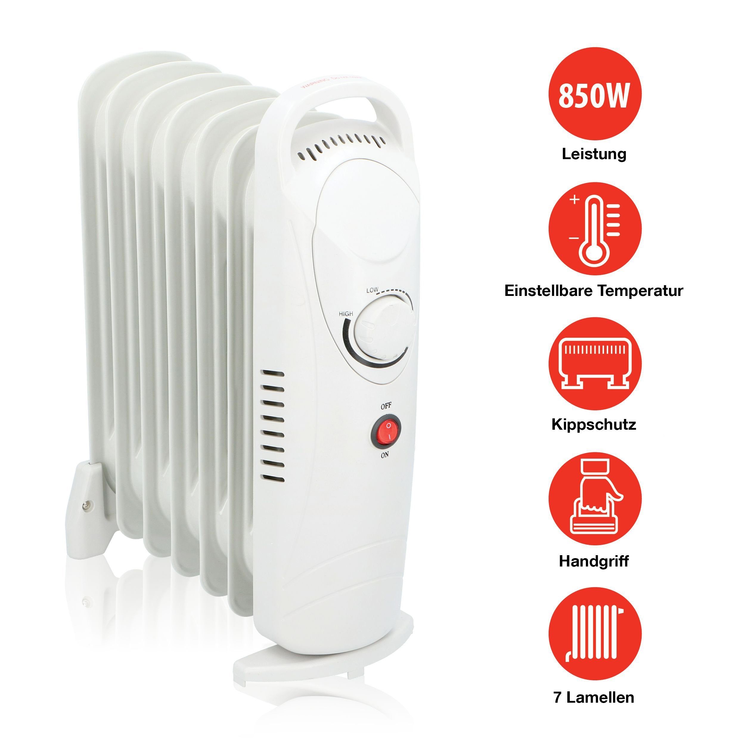 *Alpina* Ölradiator YL-B12-7A, 850 W, 7 Rippen, Thermostat, Kipp- und Überhitzungsschutz