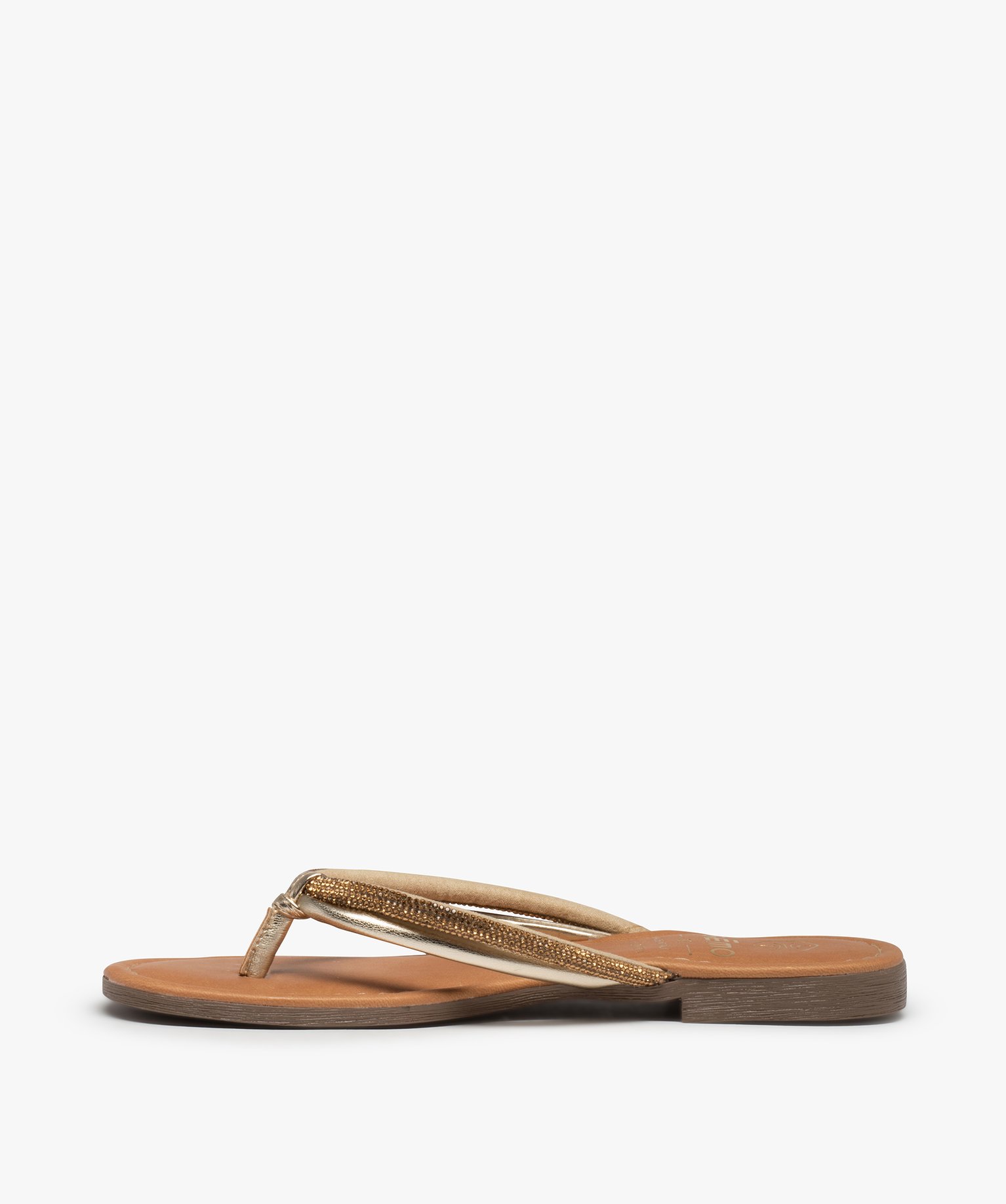 Tongs femme à talon plat et brides strass or | GEMO