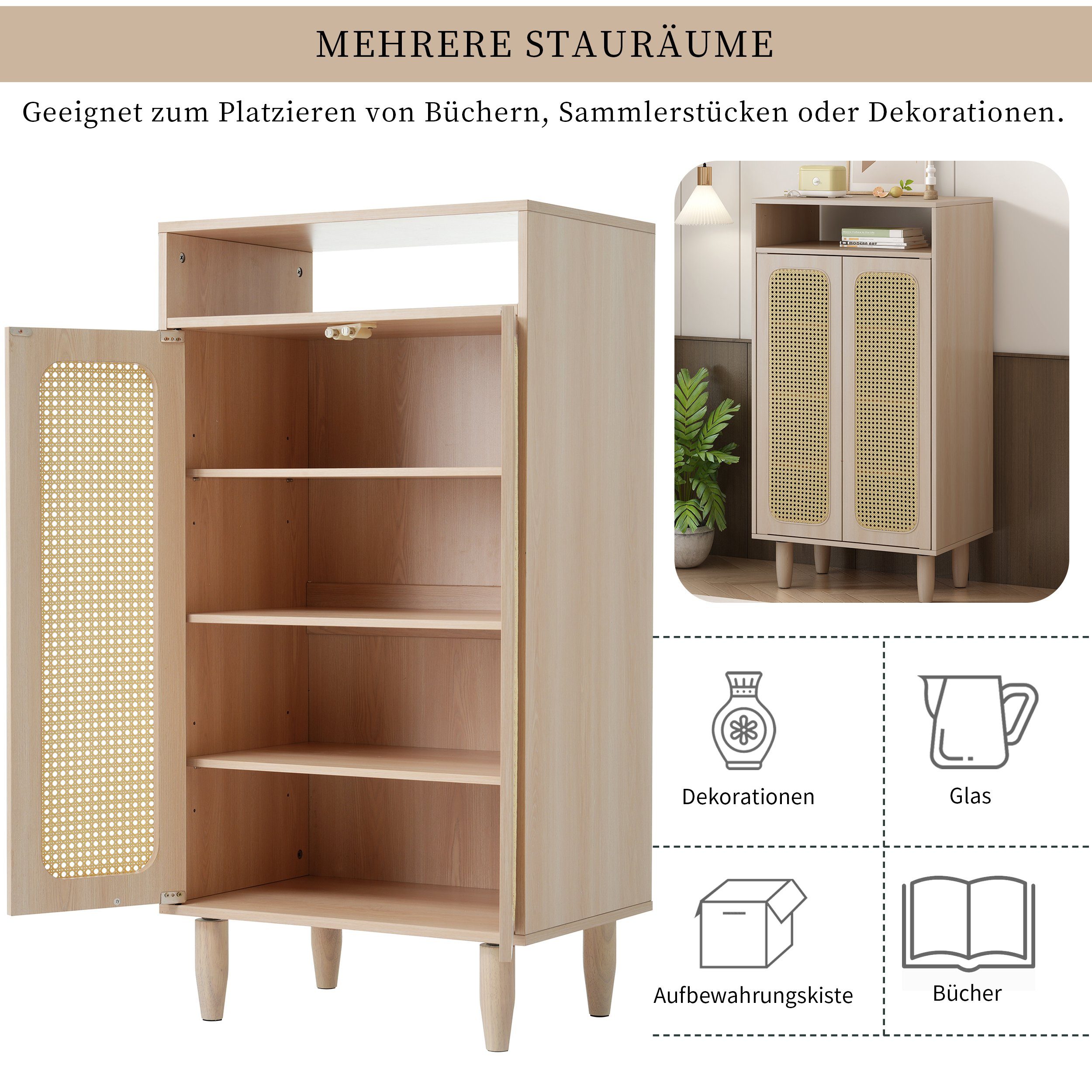Merax Highboard, mit Rattantüren und offenen Fach, verstellbare Einlegeböden, Sideboard