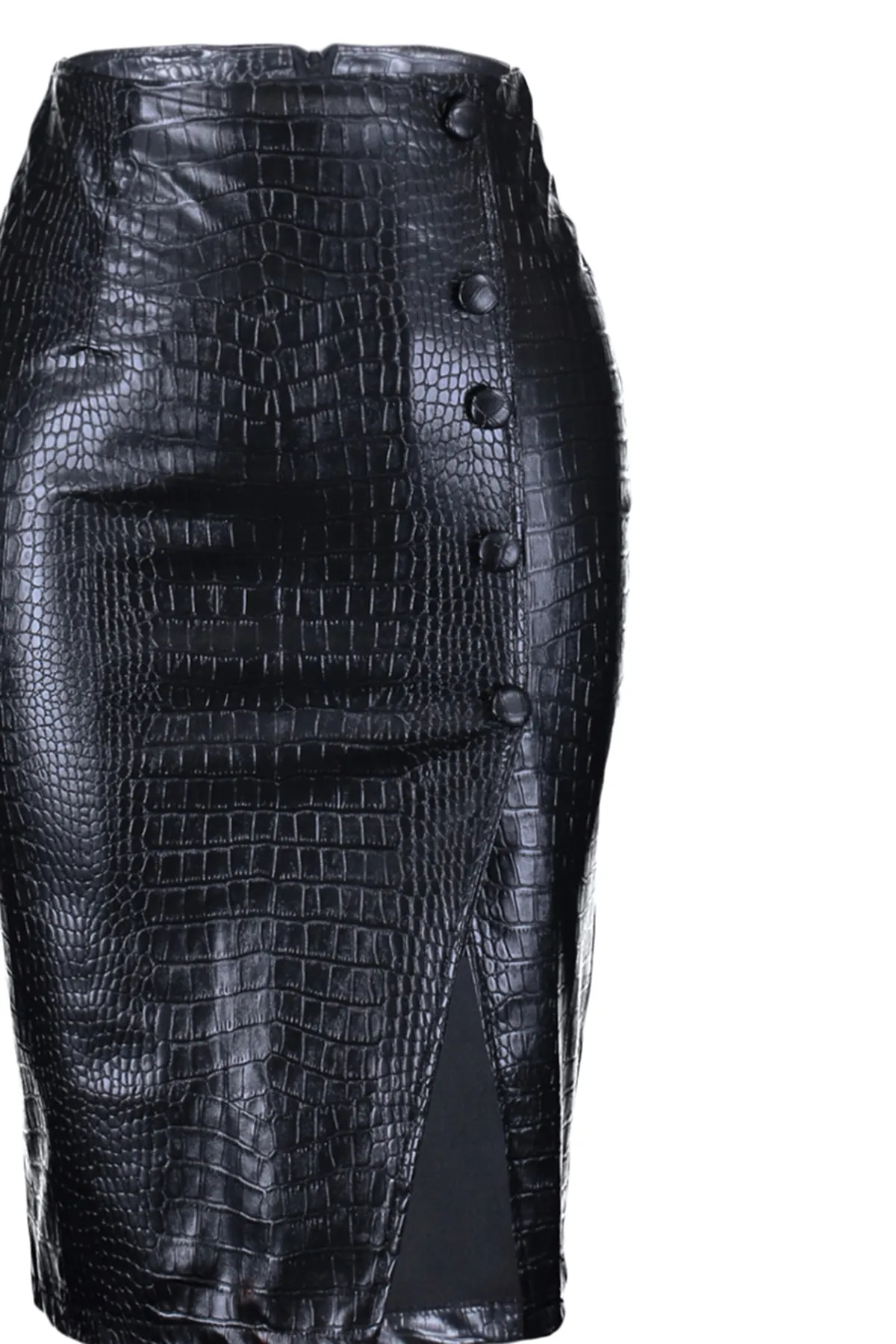 Trendyol Collection  Schwarzer Midi-Webrock mit Schlitz und detailliertem Schlangenlederimitat TWOAW23ET00260