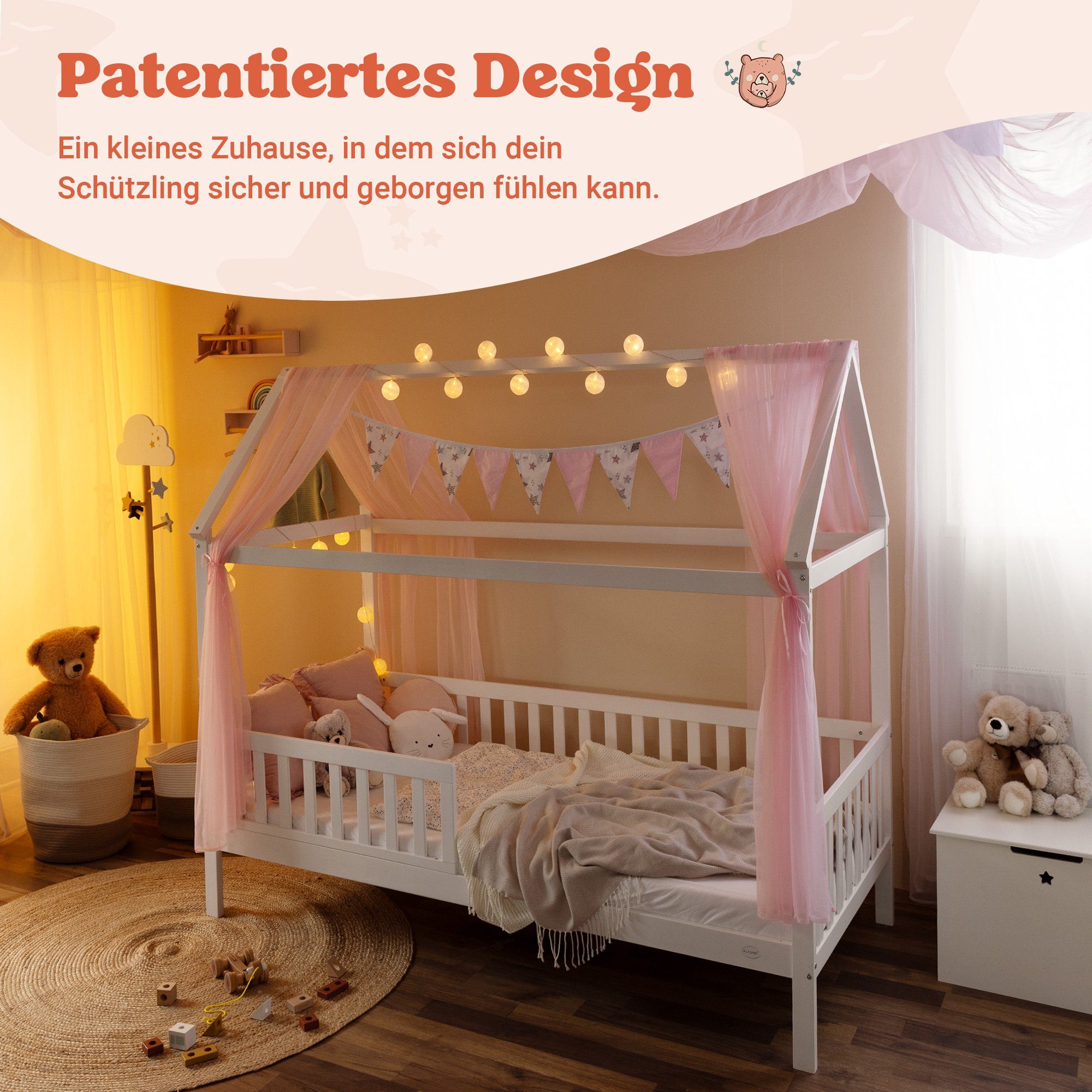 Alcube Hausbett HEIM - KOMPLETT SET I BESTSELLER! GRATIS Lieferung (Kinderbett 80x160 cm inkl. Matratze 80x160, Rosa Dekoration ohne Lichterkette, wechselbarem Rausfallschutz und Lattenrost, Hausbett 80x160 für Mädchen und Jungen I FSC zertifizierter