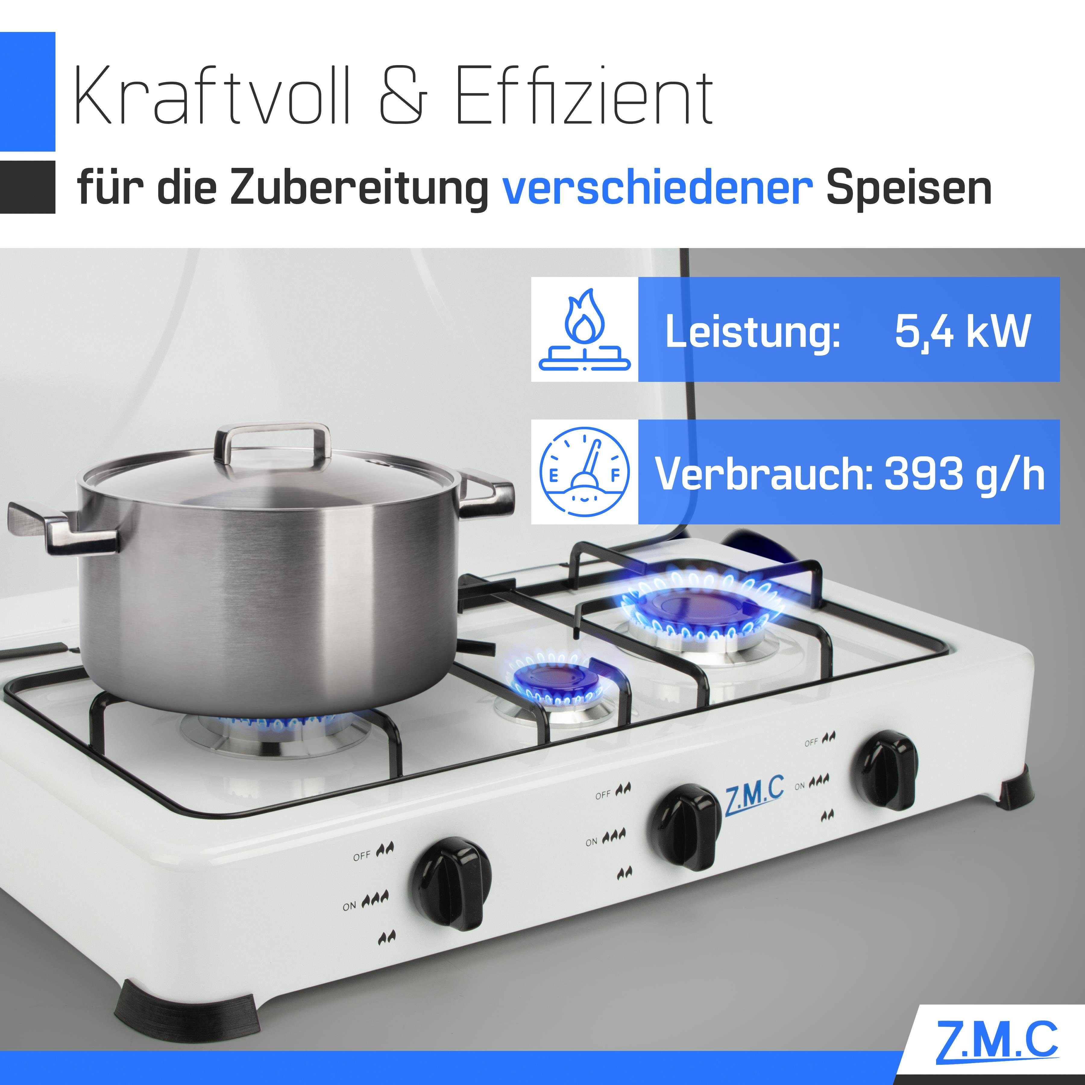 ZMC Gaskocher Tragbarer Gaskocher Campingkocher 3-flammig inkl. Schlauch und Regler, 5,4 kW 50 mBar Outdoor Gasherd Kochfeld Herd Propangas Tischkocher