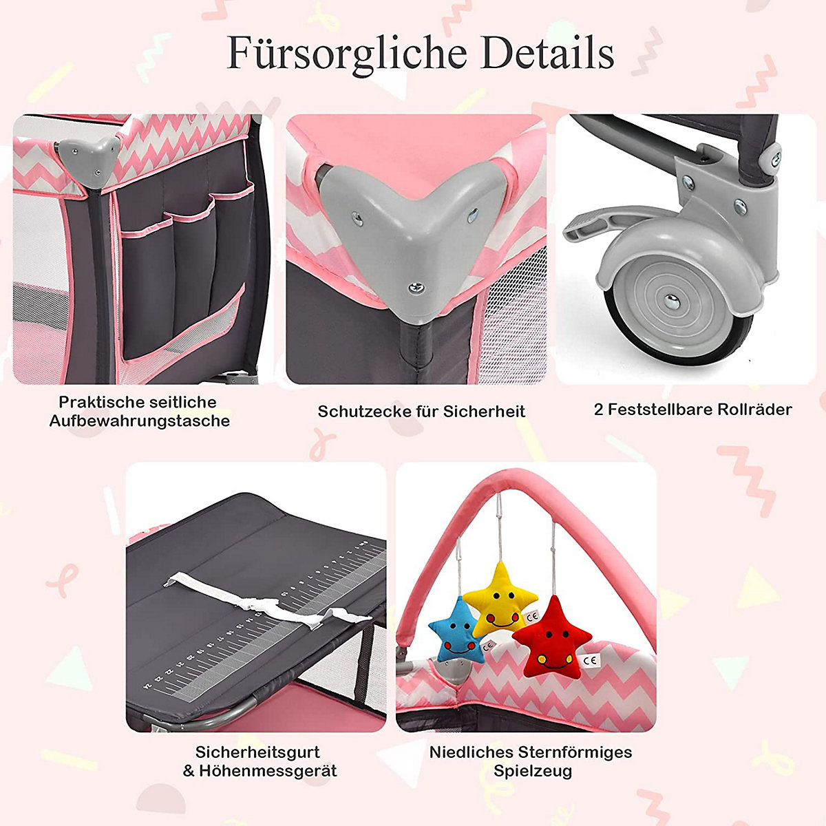 3-in-1 Reisebett mit Matratze & Spielzeugstange