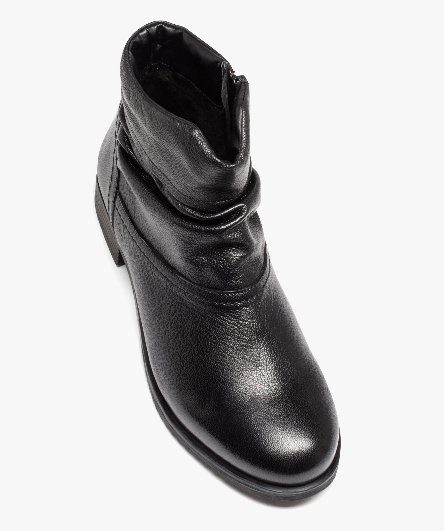 Boots femme confort dessus en cuir uni et plissé noir | GEMO