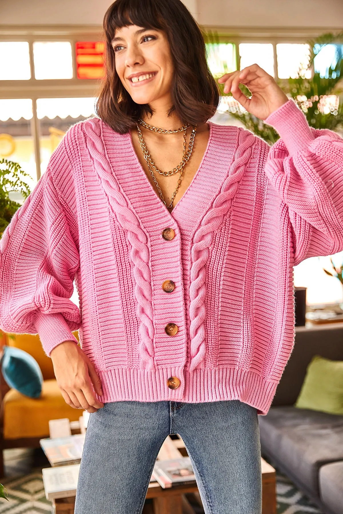 Olalook  Rosa Strickjacke aus geflochtenem Strick für dickes Haar für Damen HRK-19000082