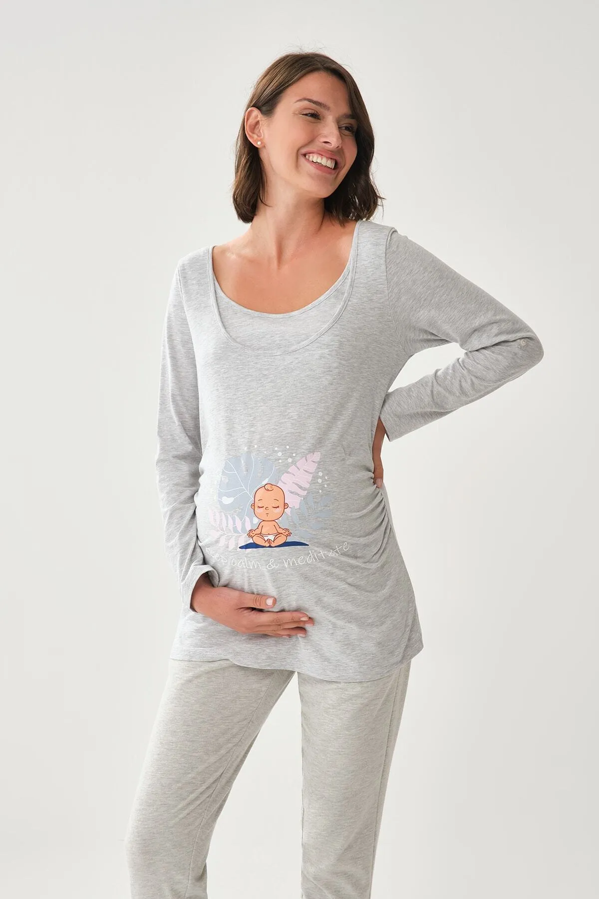 Dagi  Langärmliges Umstands-T-Shirt mit weitem Kragen in Grau-Melange