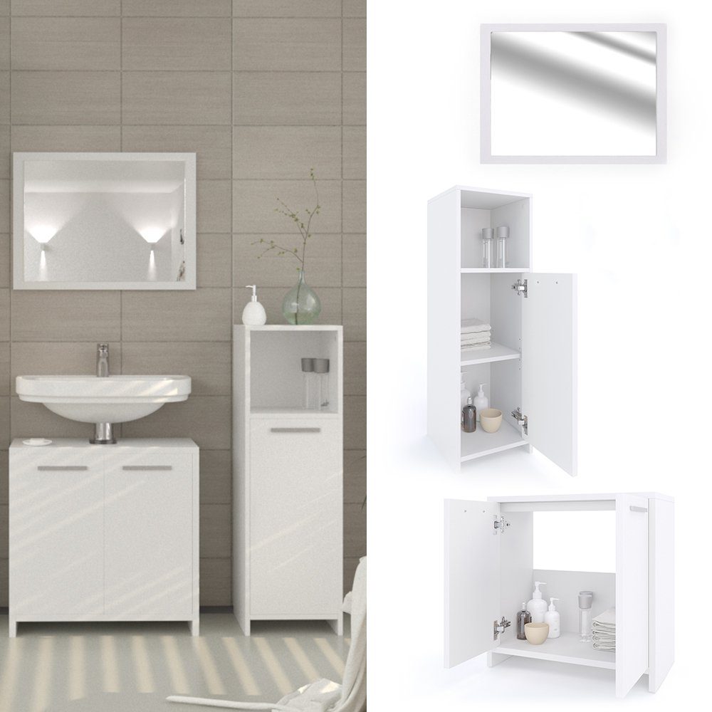 Vicco Badmöbel-Set Badezimmerset KIKO Weiß Set 2, (Badezimmerset, 3-St., 3-er Set)