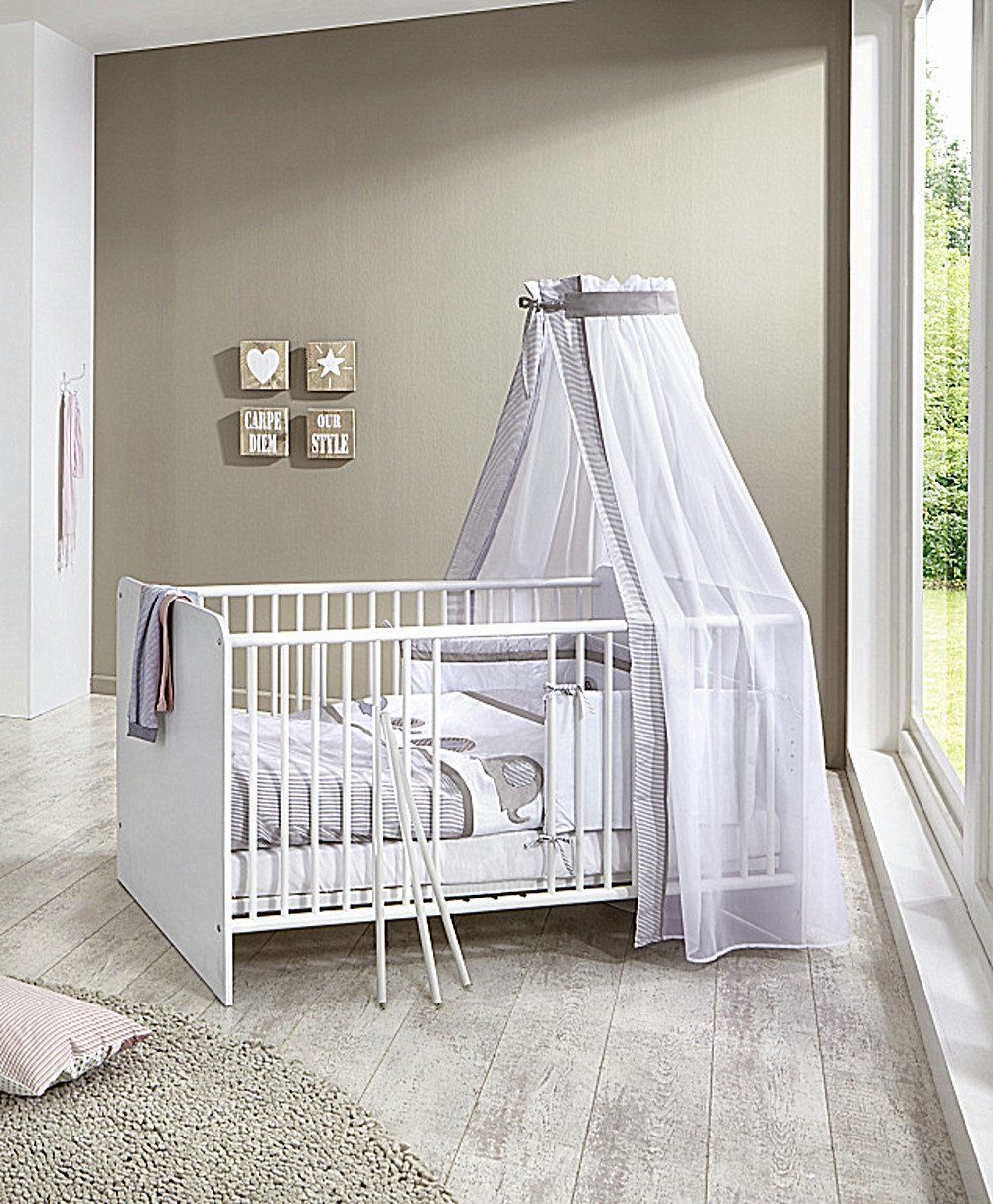 moebel-dich-auf Babyzimmer-Komplettset KIM 6, (in weiß, Babybett + Wickelkommode + Unterbauregal-Set), optional mit Matratze, Umbauseiten-Set oder Textil-Set