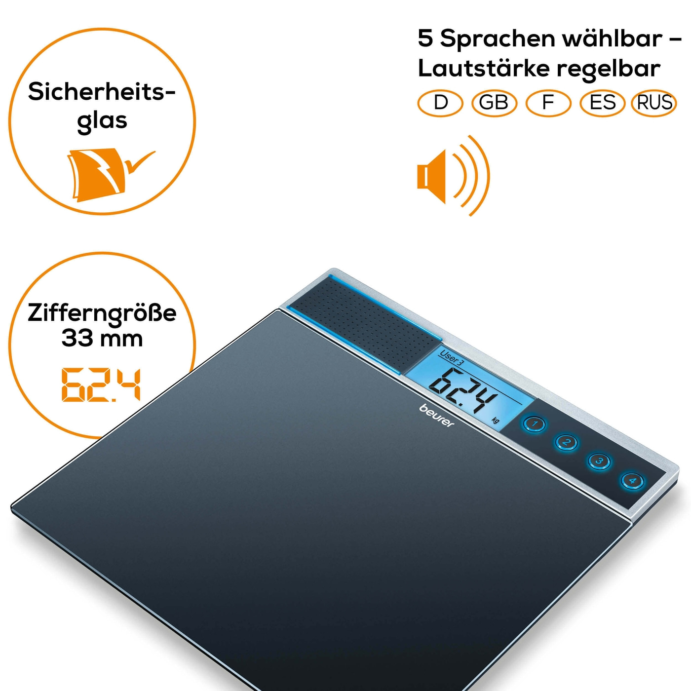 Beurer Glaswaage GS 39-Personenwaage aus Glas mit Sprachfunktion in 5 Sprachen - bis 150 kg