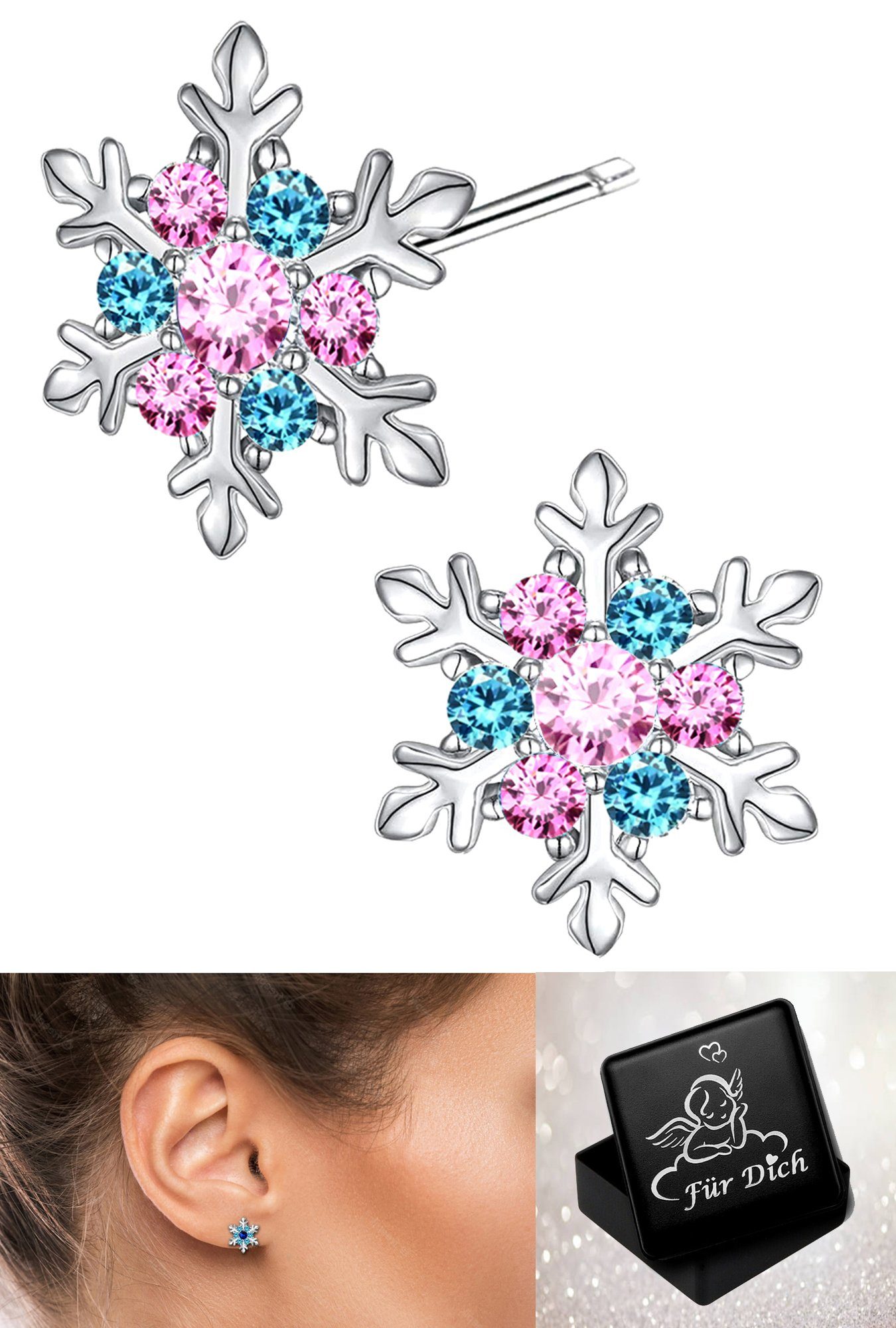 Limana Paar Ohrstecker Schneeflocke Stern Silber 925 Geschenk Idee Nikolaus Weihnachten bunt (inkl. Geschenkdose mit Engel), 9mm Kinderohrringe Mädchenohrringe Damenohrringe mit Zirkonia