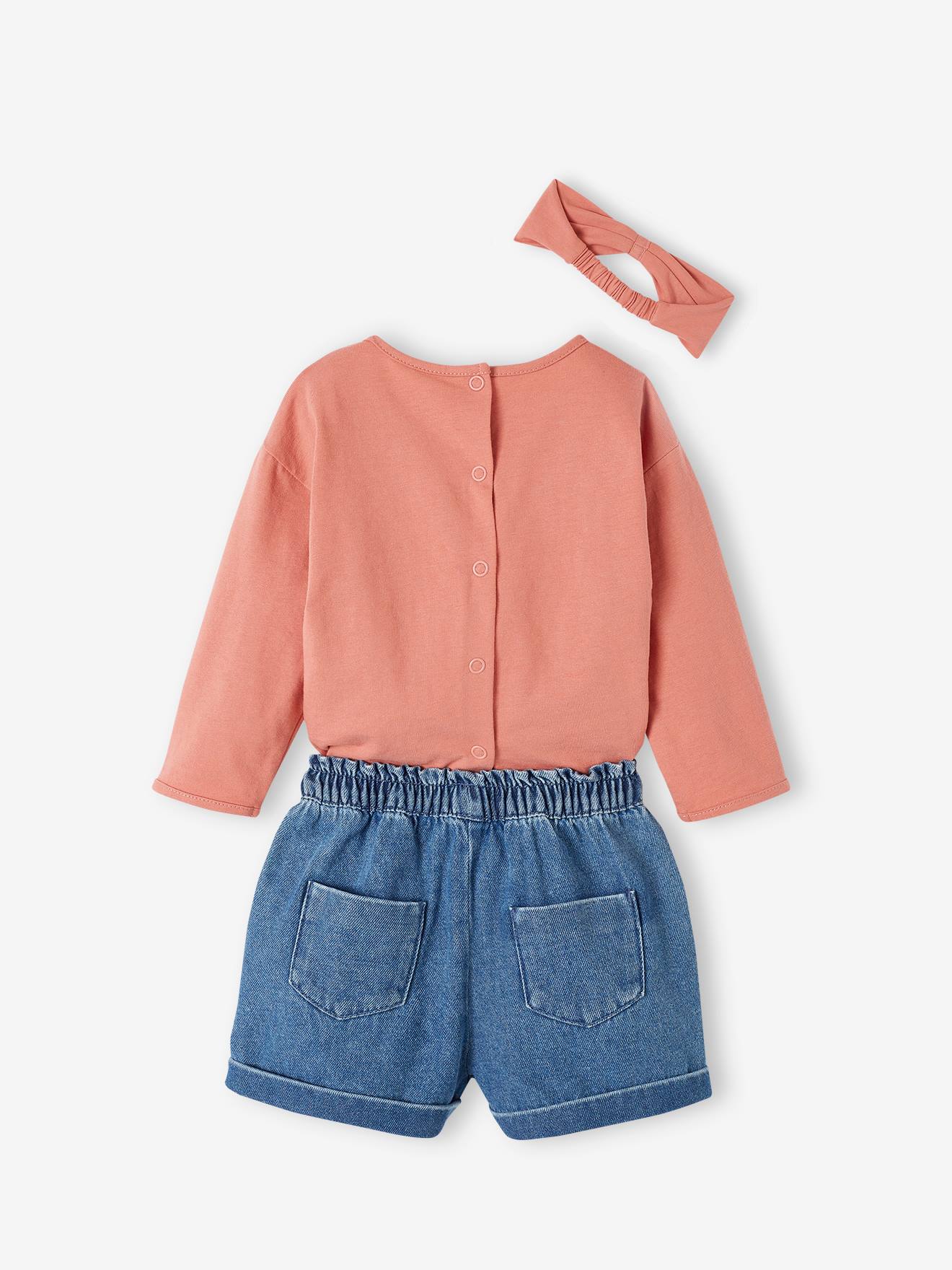 Vertbaudet Mädchen Baby-Set: Shirt, Haarband & Shorts - rosa