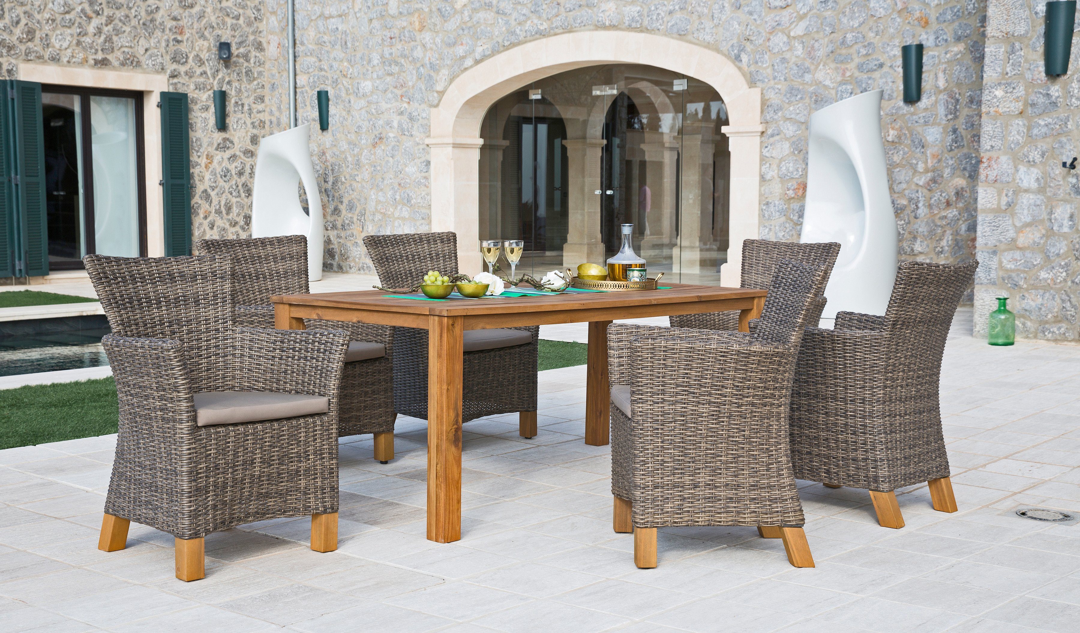 MERXX Garten-Essgruppe Toskana, (13-tlg), 6 Sessel, Tisch 185x90cm, Polyrattan/Akazie