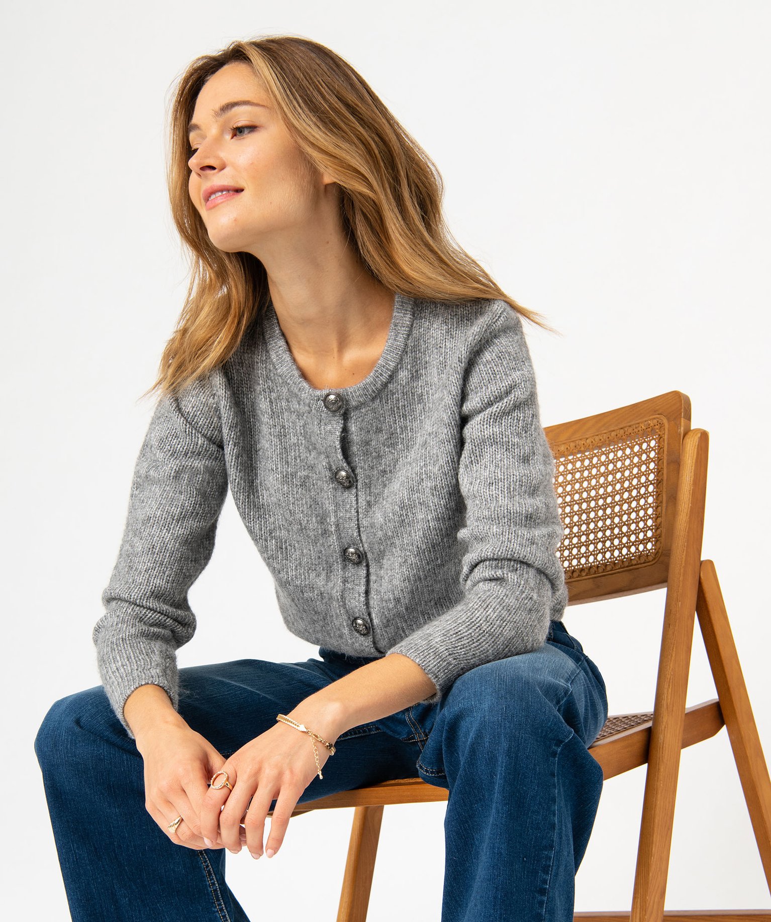 Gilet en grosse maille et boutons gravés femme gris | GEMO