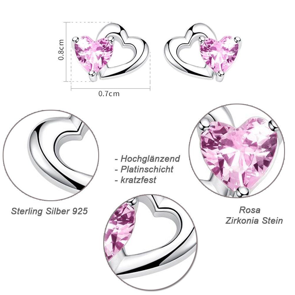 Limana Paar Ohrstecker echt 925 Sterling Silber kleine Ohrringe rosa Herz, Kinderohrringe Damen Frauen