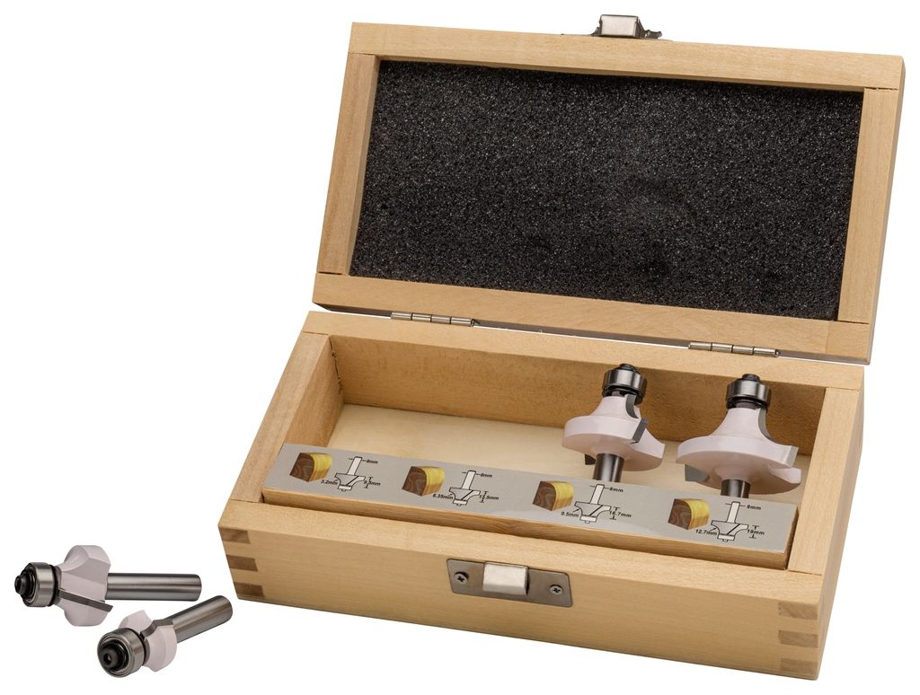 Freză de rotunjire Makita Accessories D-53534 cu rulment cu bile, diametru tijă 8 mm, 4 bucăți, în cutie de lemn