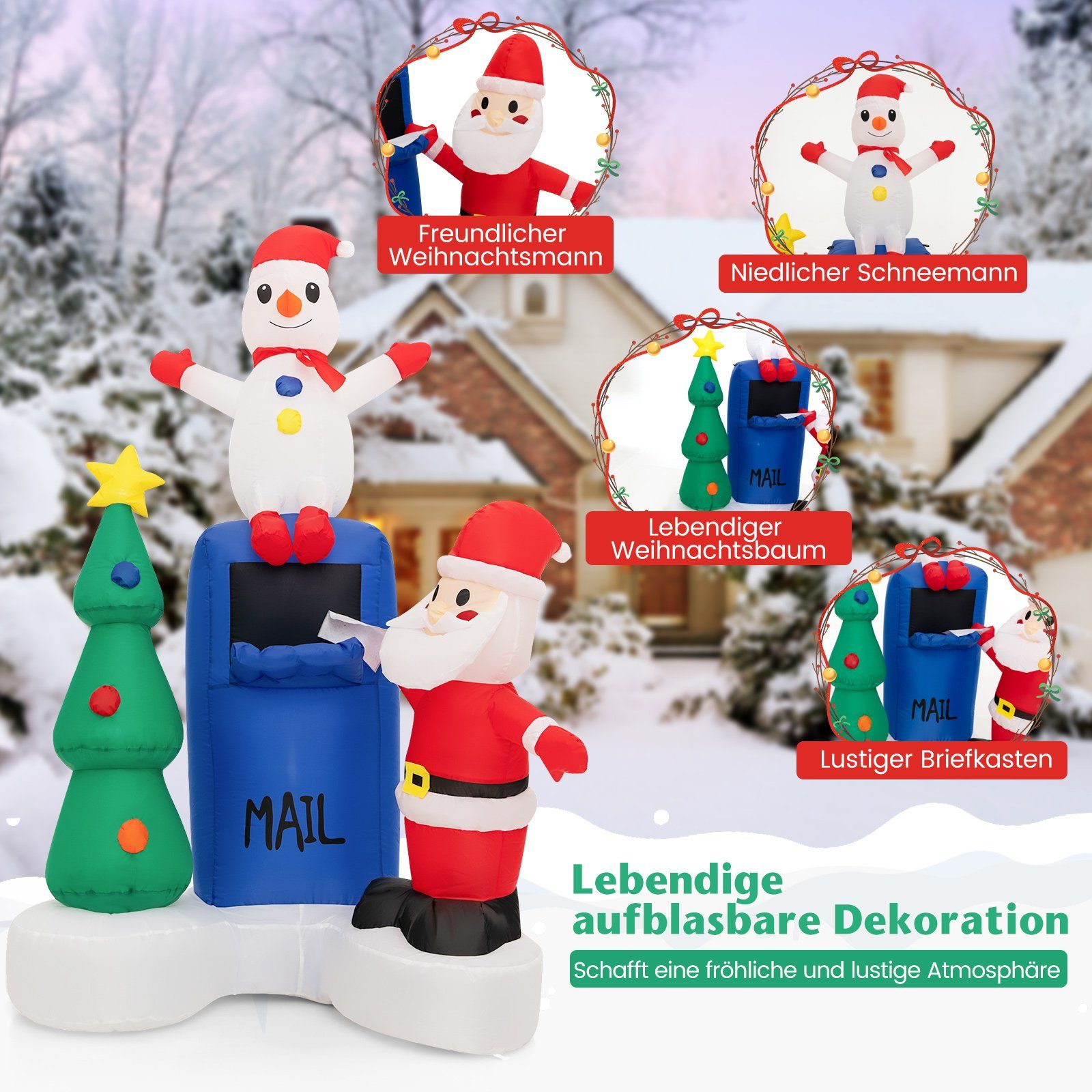 COSTWAY Weihnachtsmann, mit integrierten LED-Lichtern, aufblasbar, 185 cm