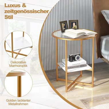 COSTWAY Beistelltisch, rund, mit gehärtetem Glas & Ablage aus Marmor, gold