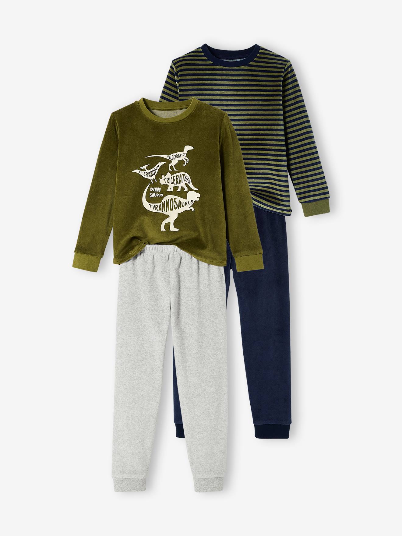 Vertbaudet 2er-Pack Jungen Samt-Schlafanzüge, Dinos - pack grün/marine