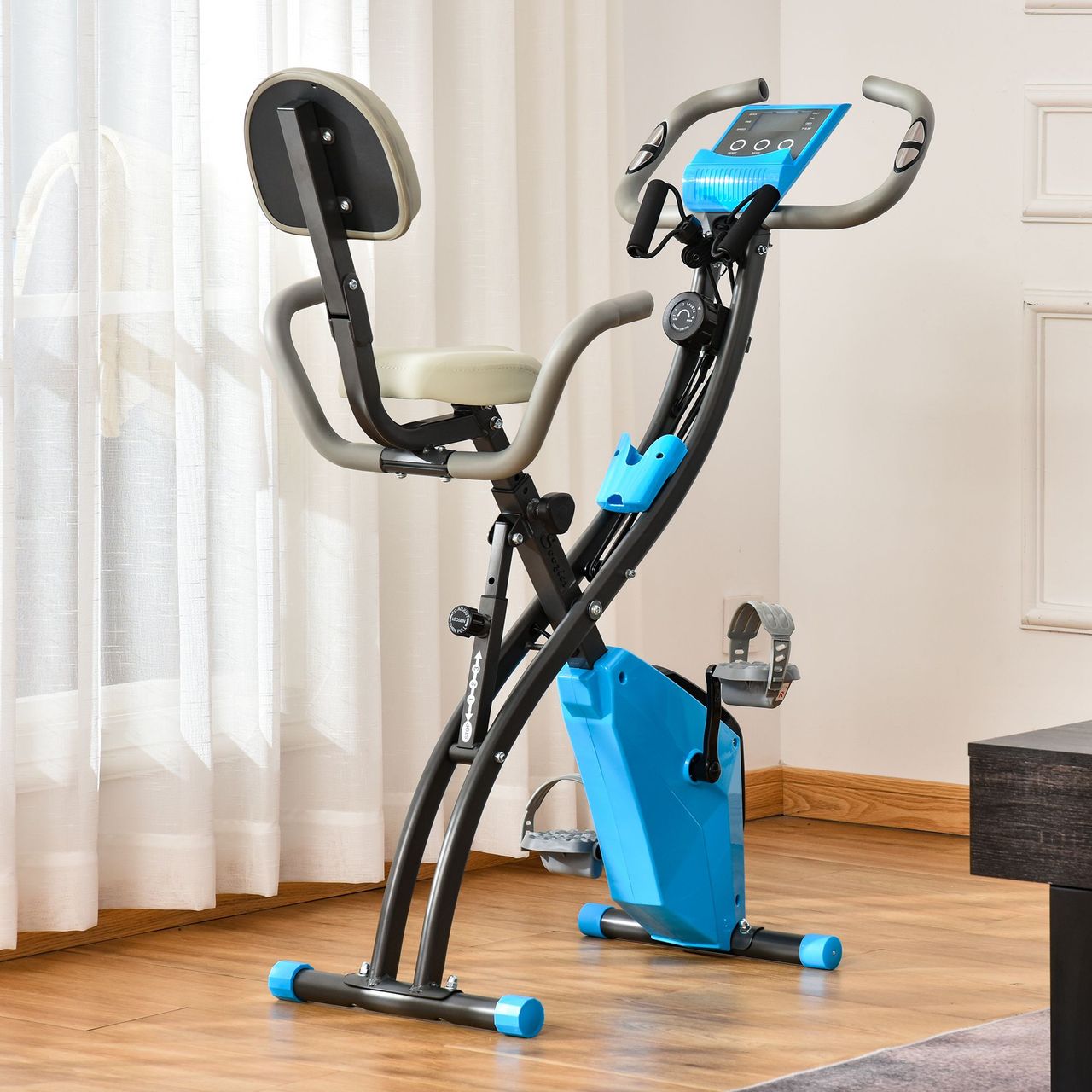 HOMCOM Heimtrainer 2-in-1 Fahrradtrainer LCD-Display klappbarer Hometrainer Trimmrad mit 8 stufig Blau Grau 97x51x115 cm