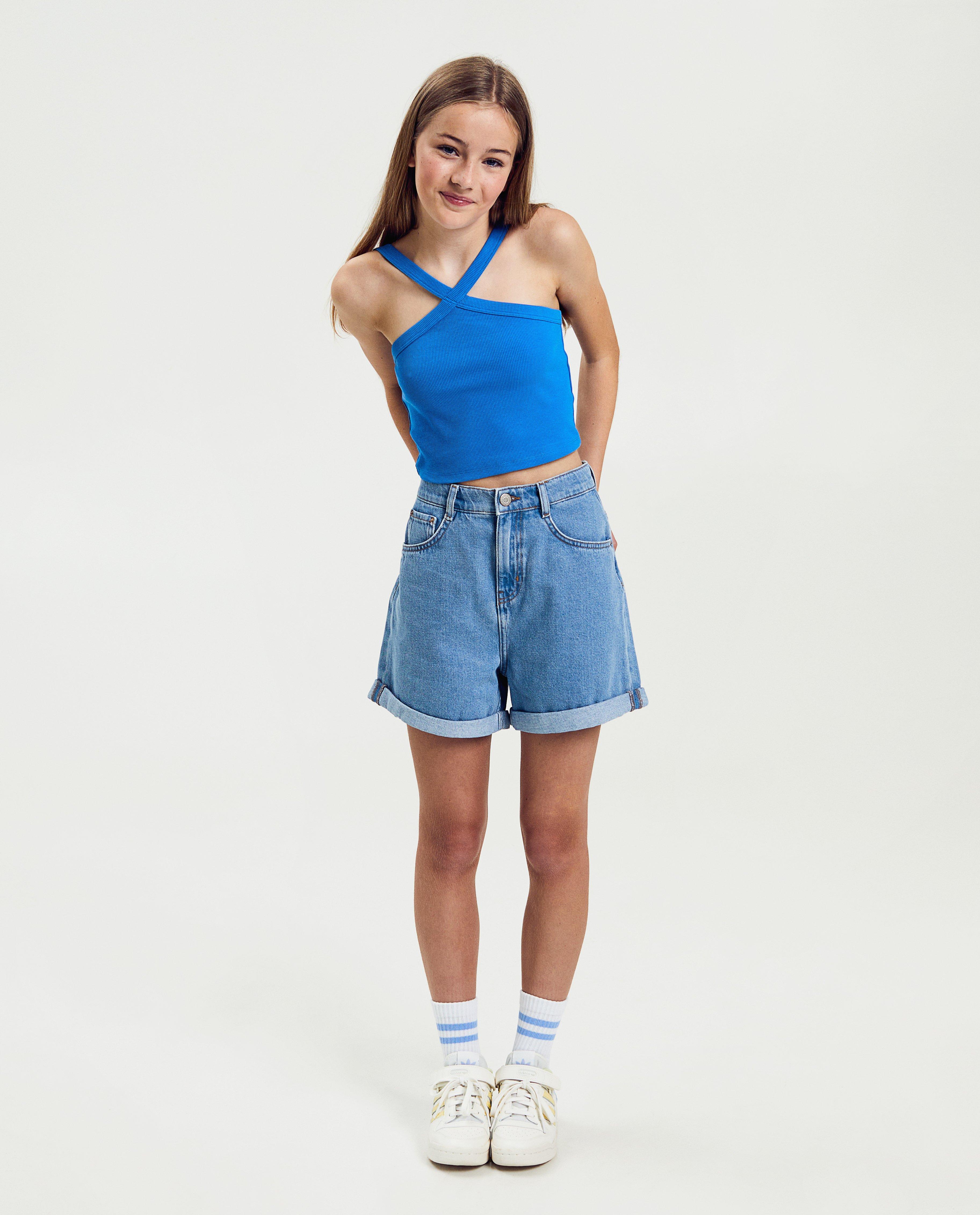 Groggy topp med fina ribbstickade kanter, cropped fit blå
