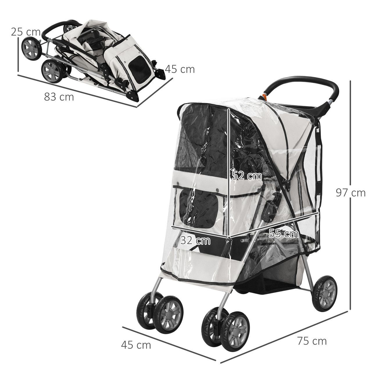 PawHut Hundetrolley, faltbarer Hundebuggy, Hundewagen mit Regenverdeck, Grau