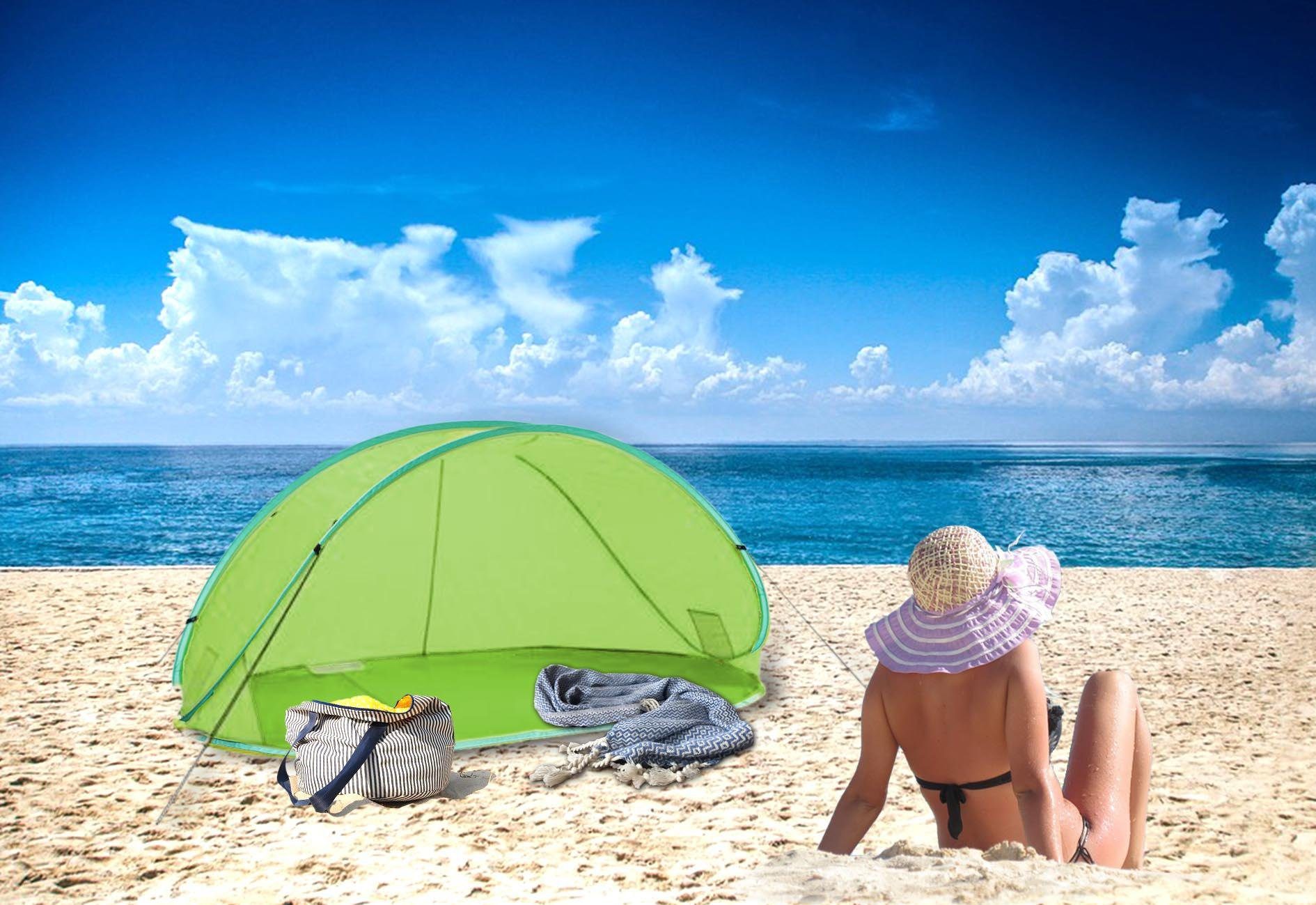 ELLUG Strandmuschel XXL Pop-up Wurfzelt Strandmuschel Strandzelt Sonnenschutz grün mit Heringen & Tragetasche 215 * 115 * 93cm, Personen: 4
