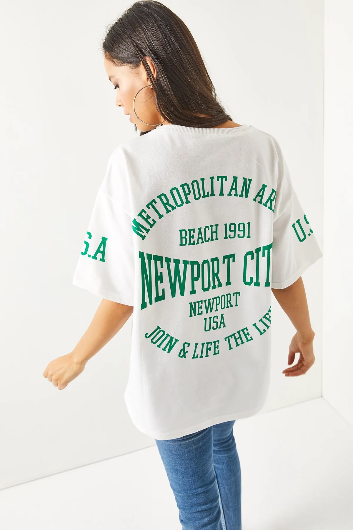 Olalook  Damen-T-Shirt Newport, weiß, vorne und hinten bedruckt, 2-fädig, Unisex-Übergröße-T-Shirt TSH-19000696