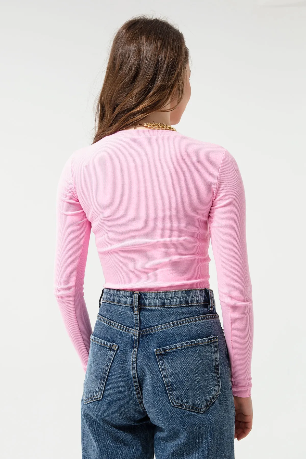 Lafaba  Rosa gerippte, langärmlige Crop-Bluse für Damen
