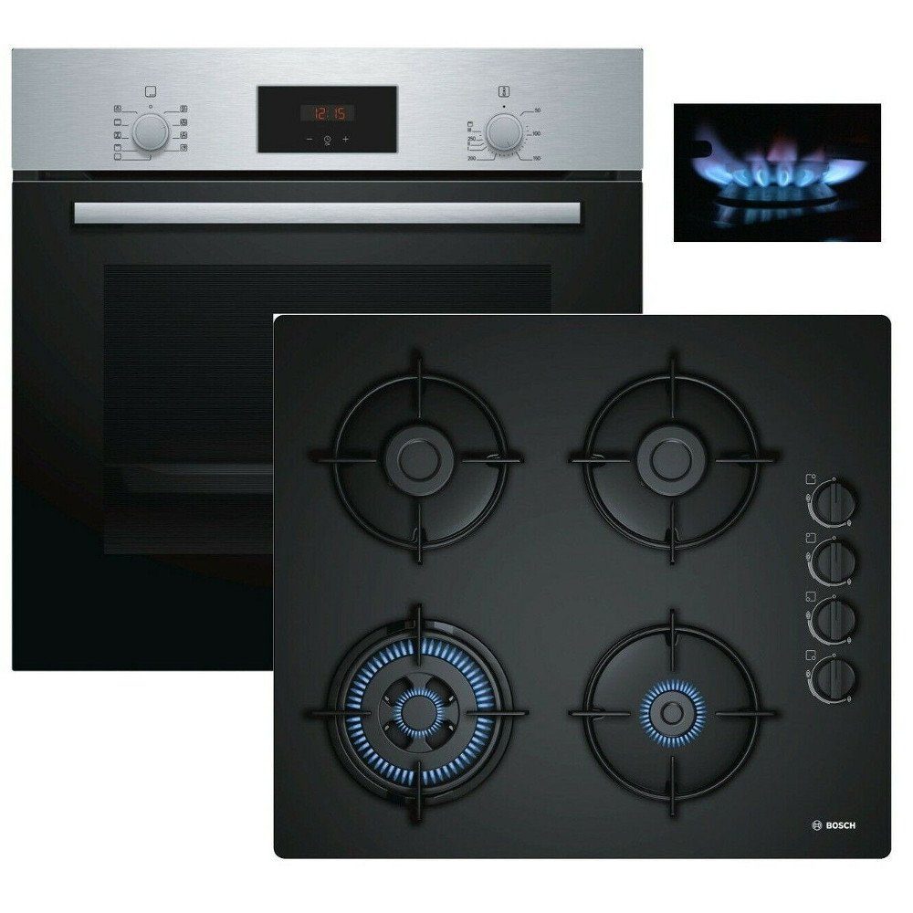 BOSCH Gasherd-Set Gas Herd Autark Bosch 2xTeleskop Backofen Umluft + GAS Kochfeld, mit 2-fach-Teleskopauszug