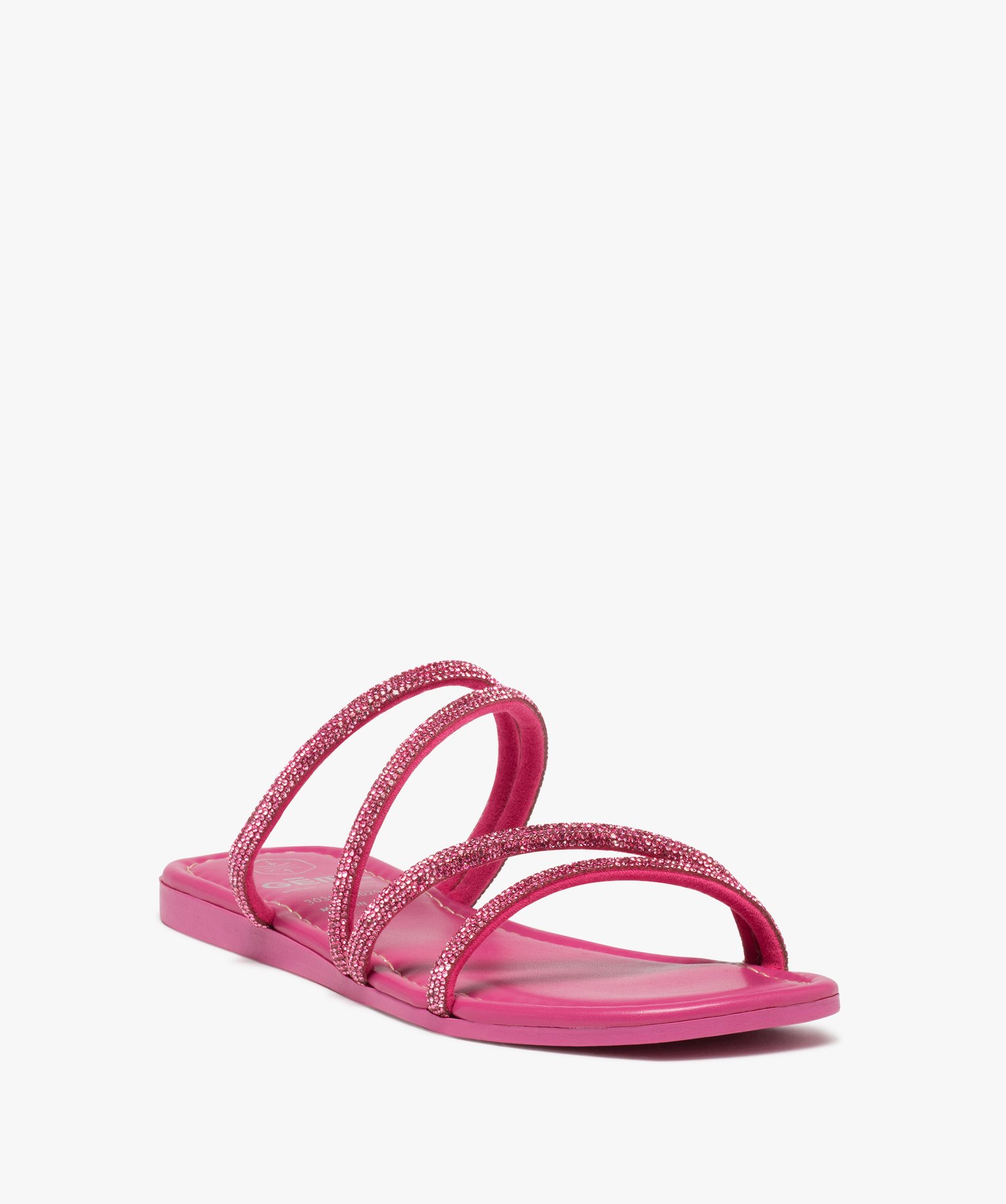 Sandales femme unies à talon plat et brides strass rose | GEMO