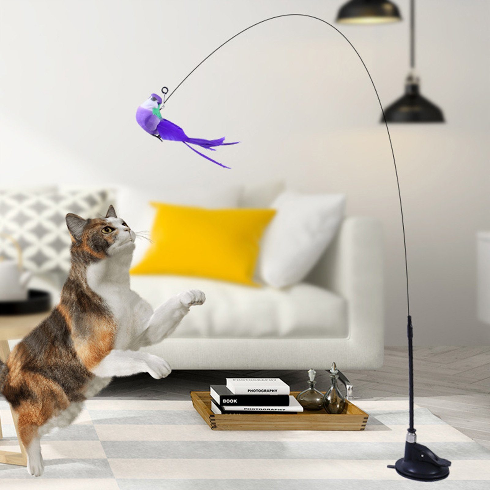 Rutaqian Tier-Intelligenzspielzeug Katzenstab Spielzeug Mit Federn für Katzen Federspielzeug Mit Saugnap, Interaktives Katzenspielzeug Angel mit Feder,Zufällige Farbe