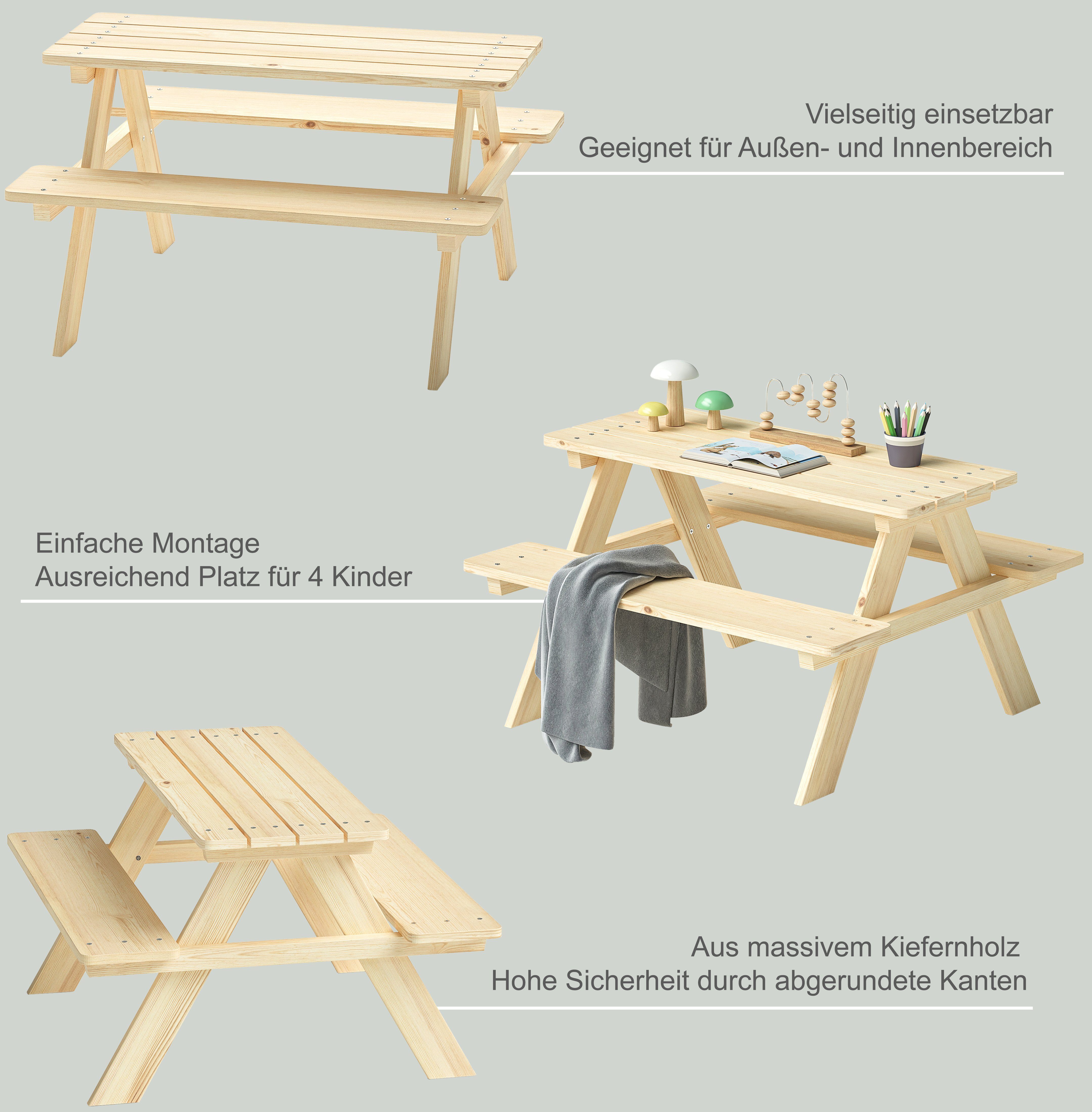 Bellabino Kindersitzgruppe Inny, (Sitzgruppe für Draußen, 1x Tisch, 2x Bank), für 4 Personen, unbehandelt, aus Kiefer Massivholz