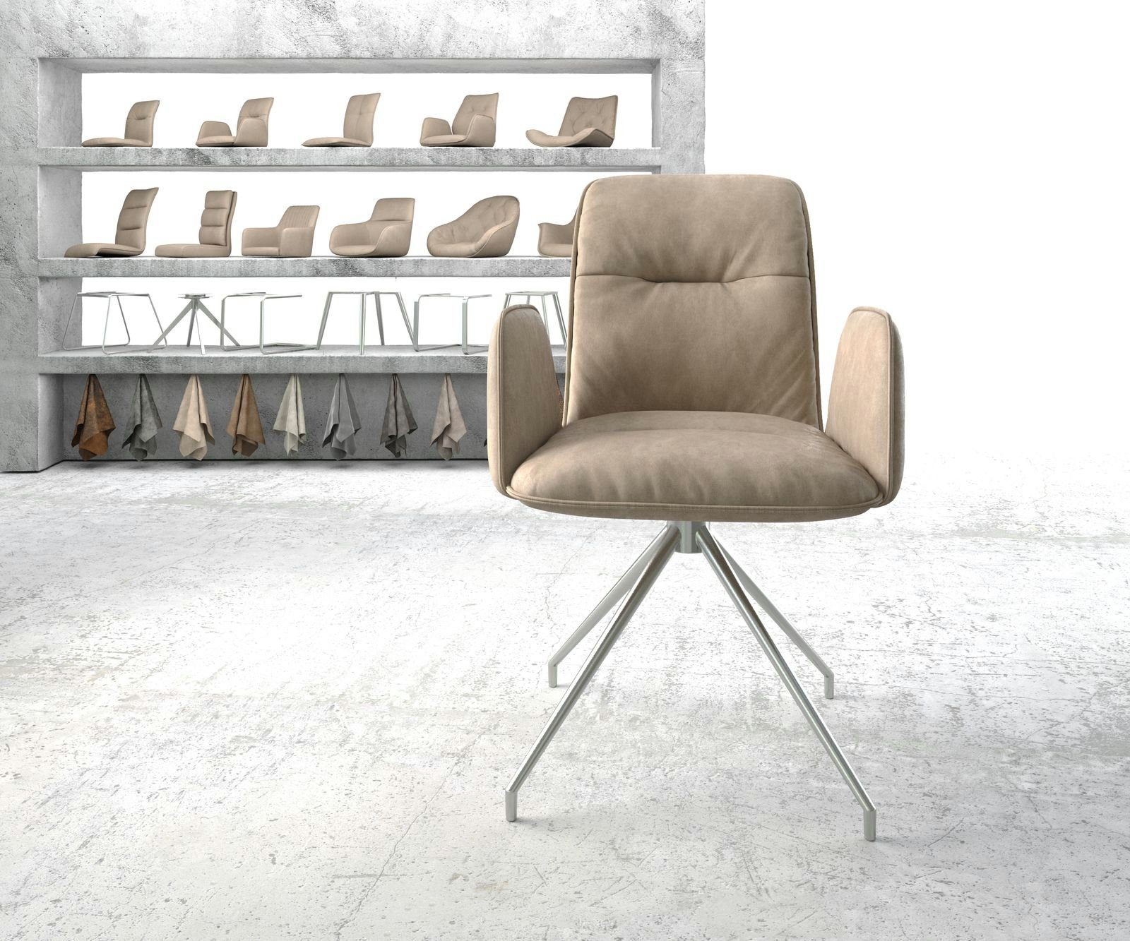 DELIFE Polsterstuhl Vinja-Flex, Kreuzgestell konisch Edelstahl Beige Vintage 180° drehbar