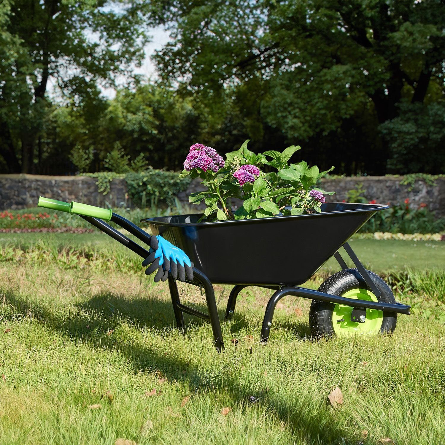 Juskys Schubkarre Garden, 100L, bis 210 kg, Luftreifen, verzinkte Wanne, inkl. Handschuhe