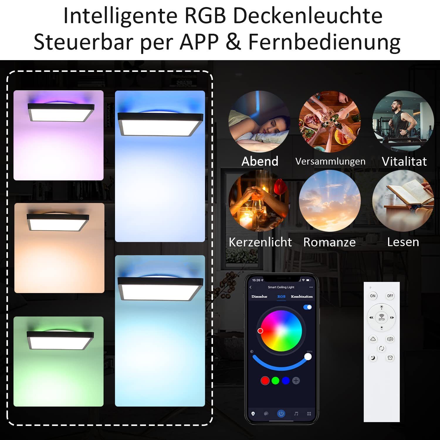 Nettlife LED Panel Dimmbar mit Fernbedienung RGB/Smart-APP steuern 40W, ‎RGB Backlight, LED fest integriert, Warmweiß Neutralweiß Kaltweiß, für Schlafzimmer Küche Wohnzimmer, 29.5 x 29.5 x 2.5 cm