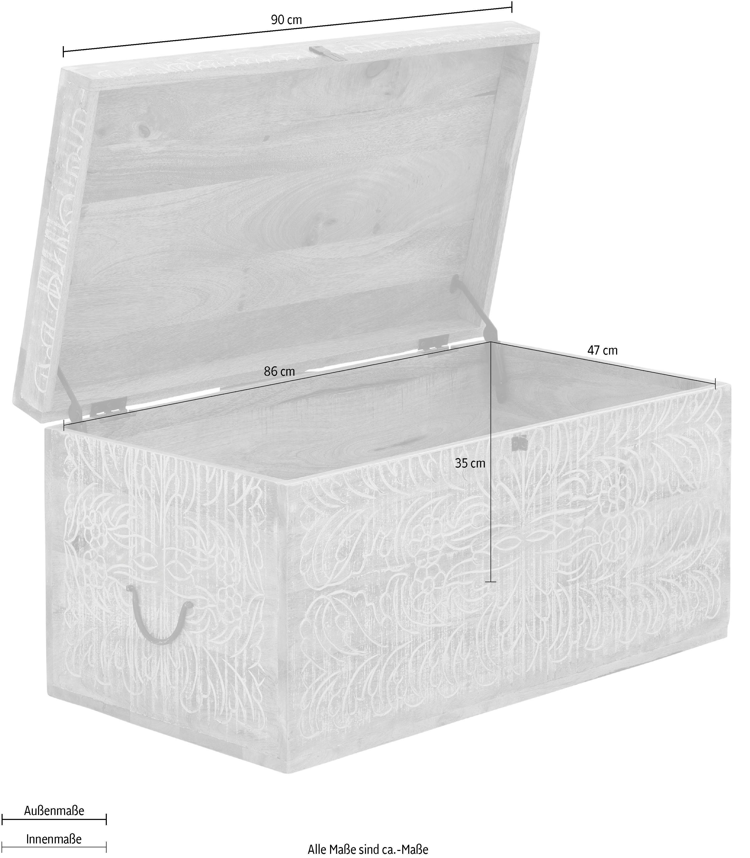 Home affaire Truhentisch Lavin, Mangoholz, mit dekorativen Schnitzereien, Handgefertigt, Breite 90 cm
