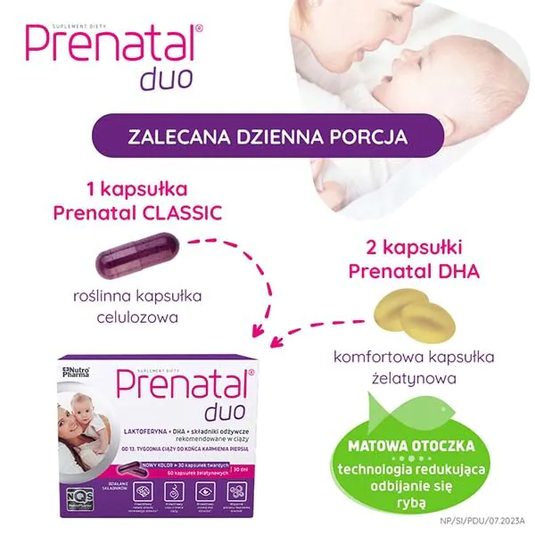 Prenatal Duo, Maisto papildas moterims nuo 13 nėštumo savaitės iki žindymo pabaigos, Kietos kapsulės + želatinos kapsulės