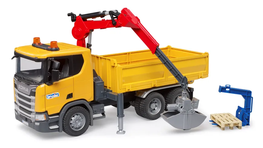 BRUDER - Scania Super 560R Baustellen-LKW mit Kran und 2 Paletten