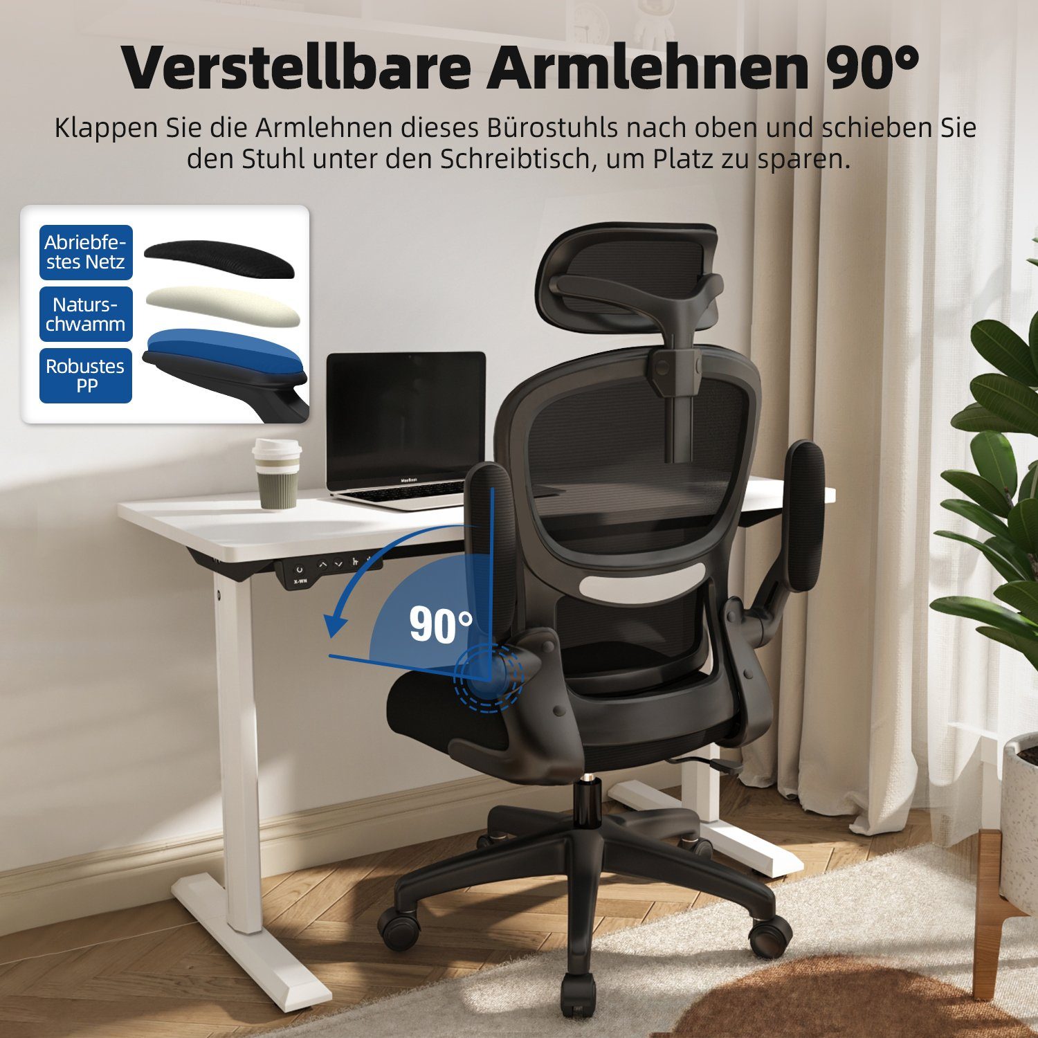 Authmic Chefsessel Bürostuhl, Drehstuhl, Schreibtischstuhl, Chefsessel (Bürostuhl ergonomisch mit verstellbarer Kopfstutze, Armlehnen, Atmungsaktiver Netzstuhl), Wippfunktion von 90° bis 135°, Bürostuhl 150kg