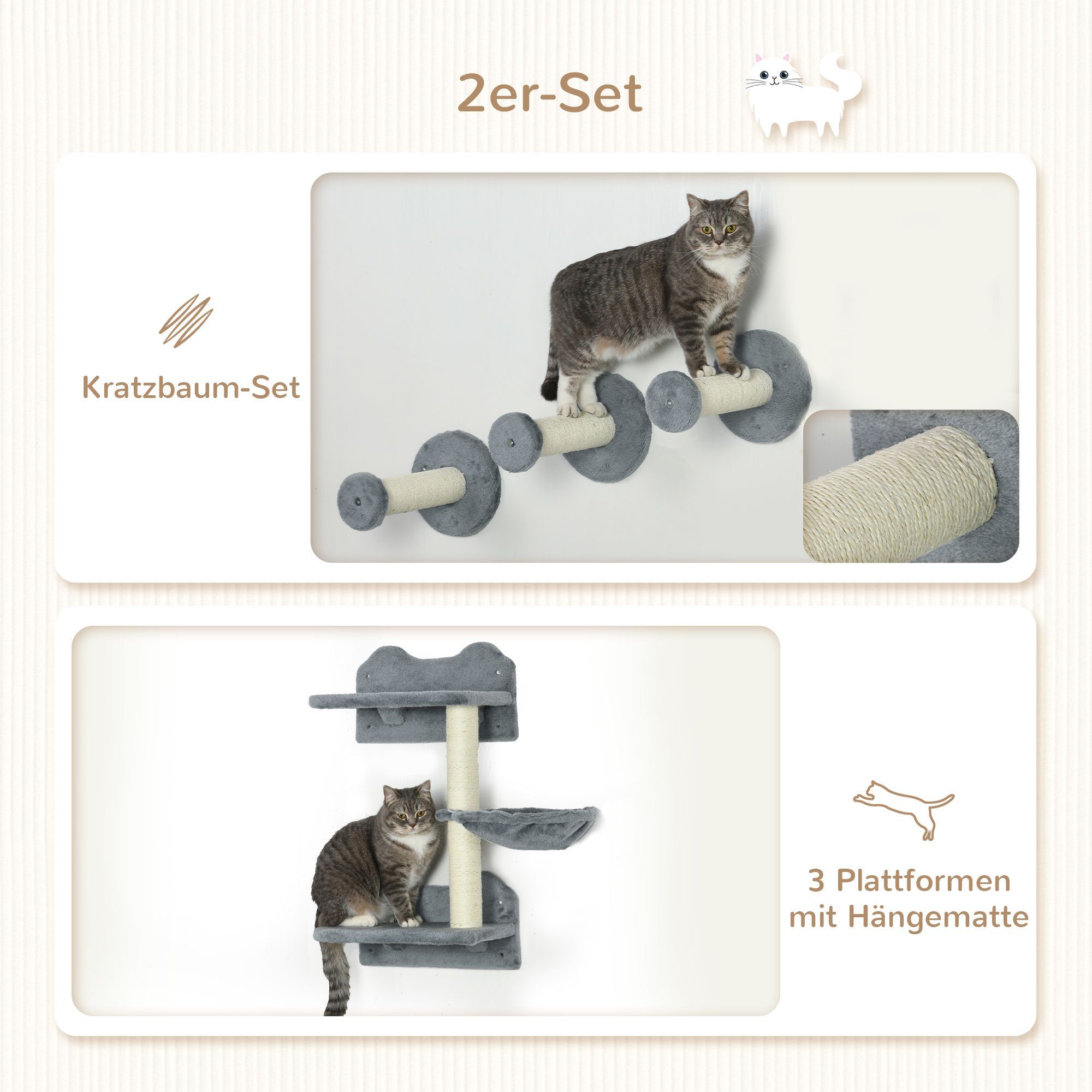 PawHut Katzen-Kletterwand Katzentreppe für Wandmontage Katzenstufen Kratzbaum, Sisal, Grau+Beige, Mit Plattformen